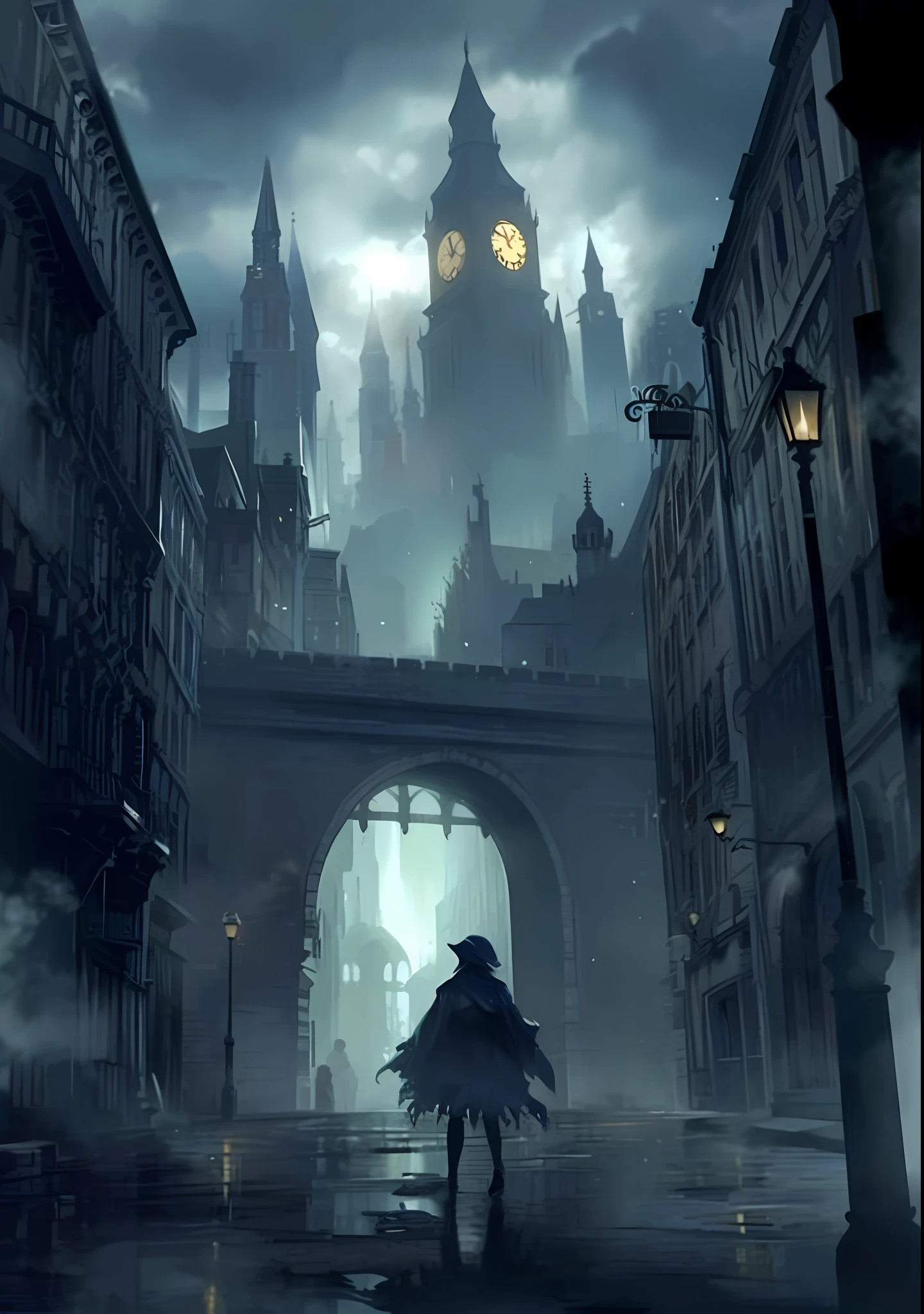 there is a woman walking down a street in a dark city, dark fantasy city, gothic city streets behind her, mistborn, traversing a shadowy city, bloodborne art, inside an gothic dystopian, he is traversing a shadowy city, bloodborne concept art, victorian city, an victorian city, urban fantasy setting, an ominous fantasy illustration --auto --s2