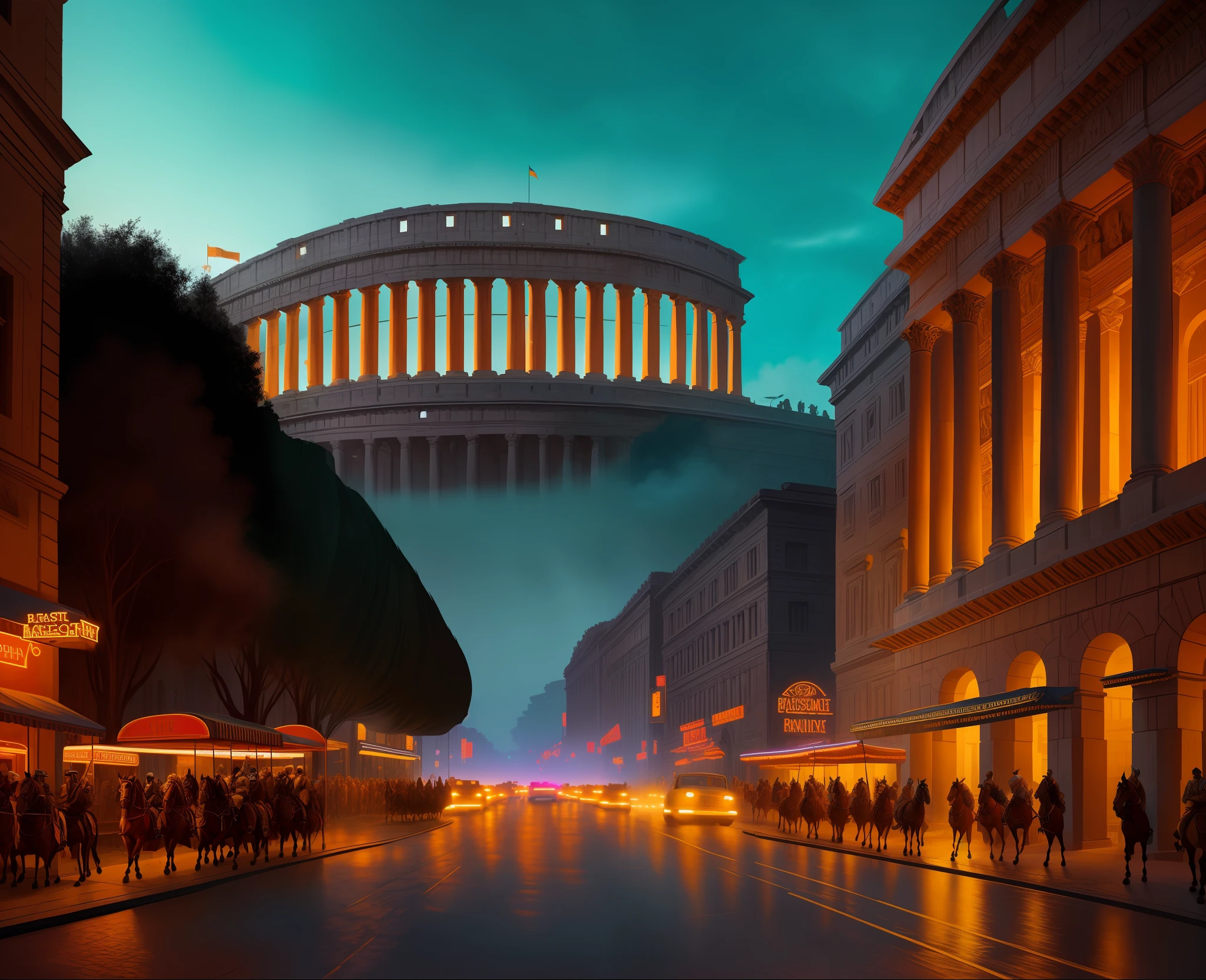((best quality)), ((masterpiece)), ((realistic)), Create a striking digital painting illustrating a battlefield in ancient Rome, with a unique twist of neon lighting. The scene captures the intensity and grandeur of a historic battle, featuring Roman soldiers, chariots, and weaponry engaged in combat. The battlefield is set within a detailed historic environment, showcasing architectural elements inspired by ancient Rome. The artwork incorporates neon lights strategically, illuminating specific elements such as banners, weapons, and architectural details, creating a captivating visual contrast between ancient and contemporary aesthetics. The illustration is created in the style of Giovanni Battista Piranesi, adding a touch of Baroque elegance and intricate details. The 3D rendering technique brings depth and realism to the scene, while the contrasting colors and neon accents add an element of modernity and intrigue. It is a scenic masterpiece.