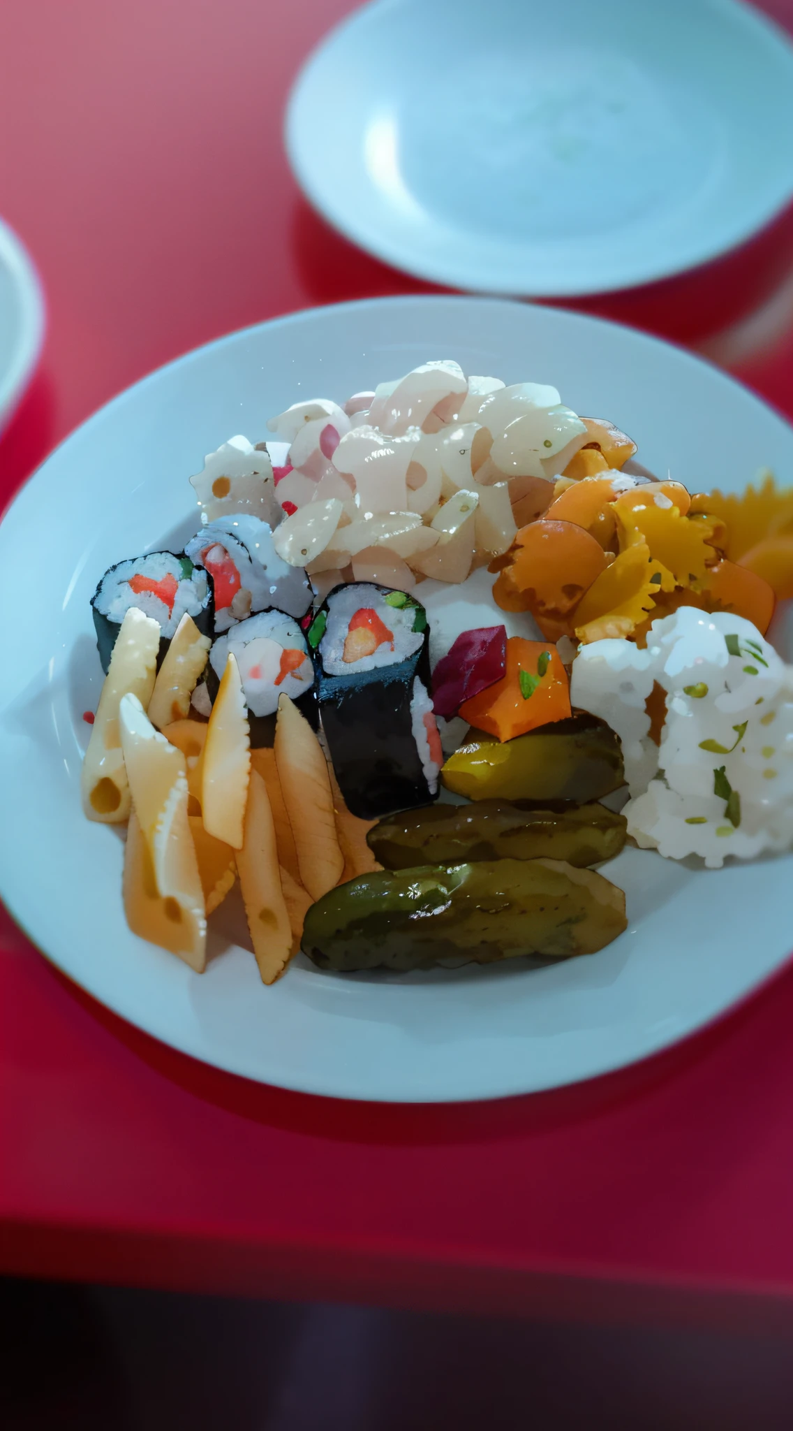 there is a plate of food that includes a pickle, pasta, and other foods, delicious food, closeup at the food, dish, yummy, offering a plate of food, sushi, very tasty, cuisine, served on a plate, diner food, photo taken with nikon d750, photo taken with nikon d 7 5 0, russian and japanese mix, eating