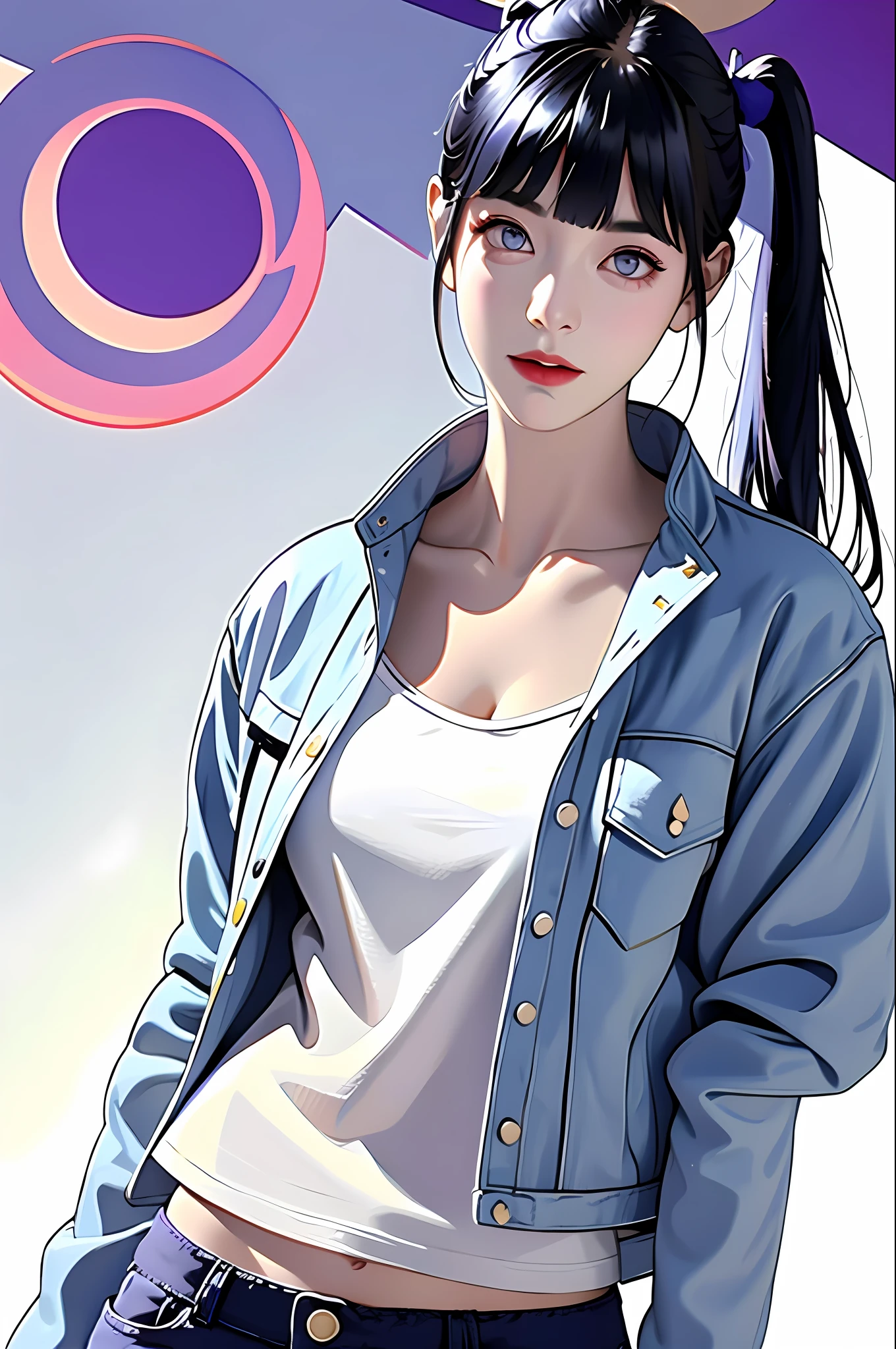 masterpiece, best quality, ((pure white background)), standing, dark blue hair bun,cold face, full body, Denim jacket, white T-shirt, casual pants, (Fashionable clothing), happy, light effect, soft, super clear, high-definition picture, (front), purple eyes, blunt bangs