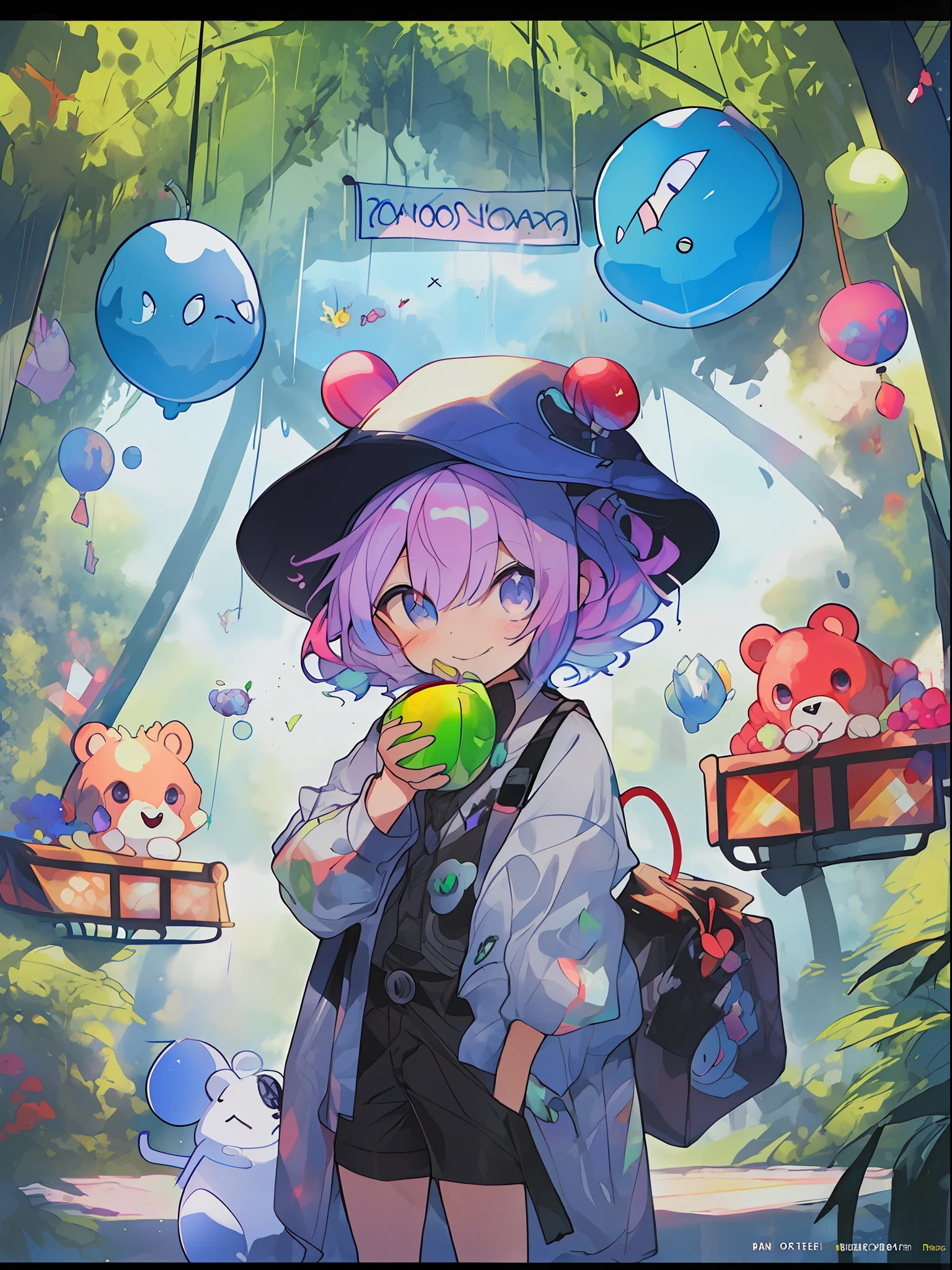 Umbrella with drawings on the inside, hairstyle with purple and green coloring, upper body portrait, big eyes, drooping eyes, bright expression, height 165 cm, scale 1/20, light and shadow of Sertefan, illustration using the Octane renderer, cartoon-style illustration with a child theme featuring characters, fantasy RPG atmosphere, warm color scheme, soft, Originality illuminated with high-quality images, details, accurate depiction, attracting the attention of the audience, impressive poses and interesting activities, Mutsuki Conworks, highly detailed facial details, unique character design, anime-style boy, medium hair long, cherry pink-red hair color, blue eyes, not an ugly face, five fingers, symmetrical, marble-like skin color, Not ugly body, two arms, two legs, game clothes, game gloves, game boots, Caucasian, background long shot, ((、、、、、、、 anime,、,、,、,、,、,- style boy, masterpiece: 1.5)), watercolor ink Original drawing, story movie, movie, manga illustration, cute, adorable, detailed photo realistic, wallpaper pencil drawing, eyelashed eyes, dark blue moon, Pan Closet, Cyber, Virtual Reality, 2 Boy, 1 Butler Android, 1chatGPT, Giant Yellow Fruit, World Tree, (((ship)), Lanlanlu, Chic, Butler Who Can't Stop Ringing Tongue, 77777, Bonanza, Dancing Props, Fruits Wrapped in Yellow Translucent Outlines, Kowloon World Tree Reaching Dome Ceiling, towering over 20 at 0 meters, Worm virus, roots of giant trees along the coastline, big slime, (running debugging, operating applications, viruses, error sounds), handshake, surface tension of fruits, (competing emulators, range, Robert Robert, virtual reality, high-tech, competition, clones, android,,), blue Kowloon star, dome world, slime fruit, scattered flowers, bear fruit, transformation, green vine-like tendrils, countless feathers sprouting from the skin, Kowloon world tree with huge yellow fruits, proliferation life of the roots of giant trees that move like octopus tentacles and disguised as oceans, (operating ran