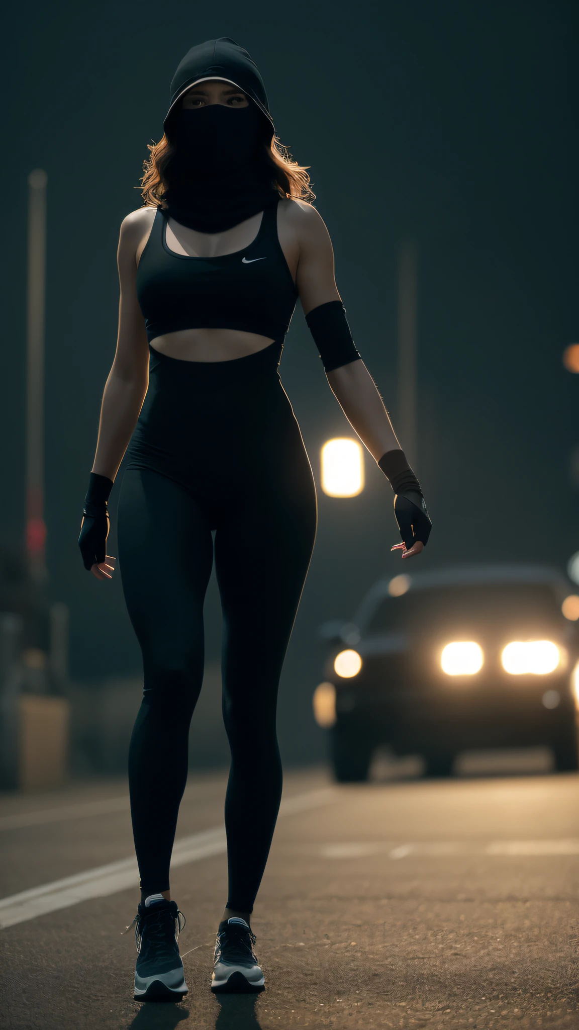 Full body, beautiful mature female college student wearing balaclava hat covering face, wearing athletics costume, outside the track field in Gesaffelstein's "pursuit" style, realistic, cinematic lighting, dark atmosphere, volumetric lighting, action poses, epic scenes, lots of fine detail, cinematic style, photography, natural textures, natural light, natural blur, photorealism, cinematic rendering, ray tracing, highest quality, highest detail, cinematic, blur effect, long exposure, 8K, ultra hd, natural lighting, moody lighting, cinematic lighting, ultra-realistic, vivid, 8k, detail, hyper-detail,