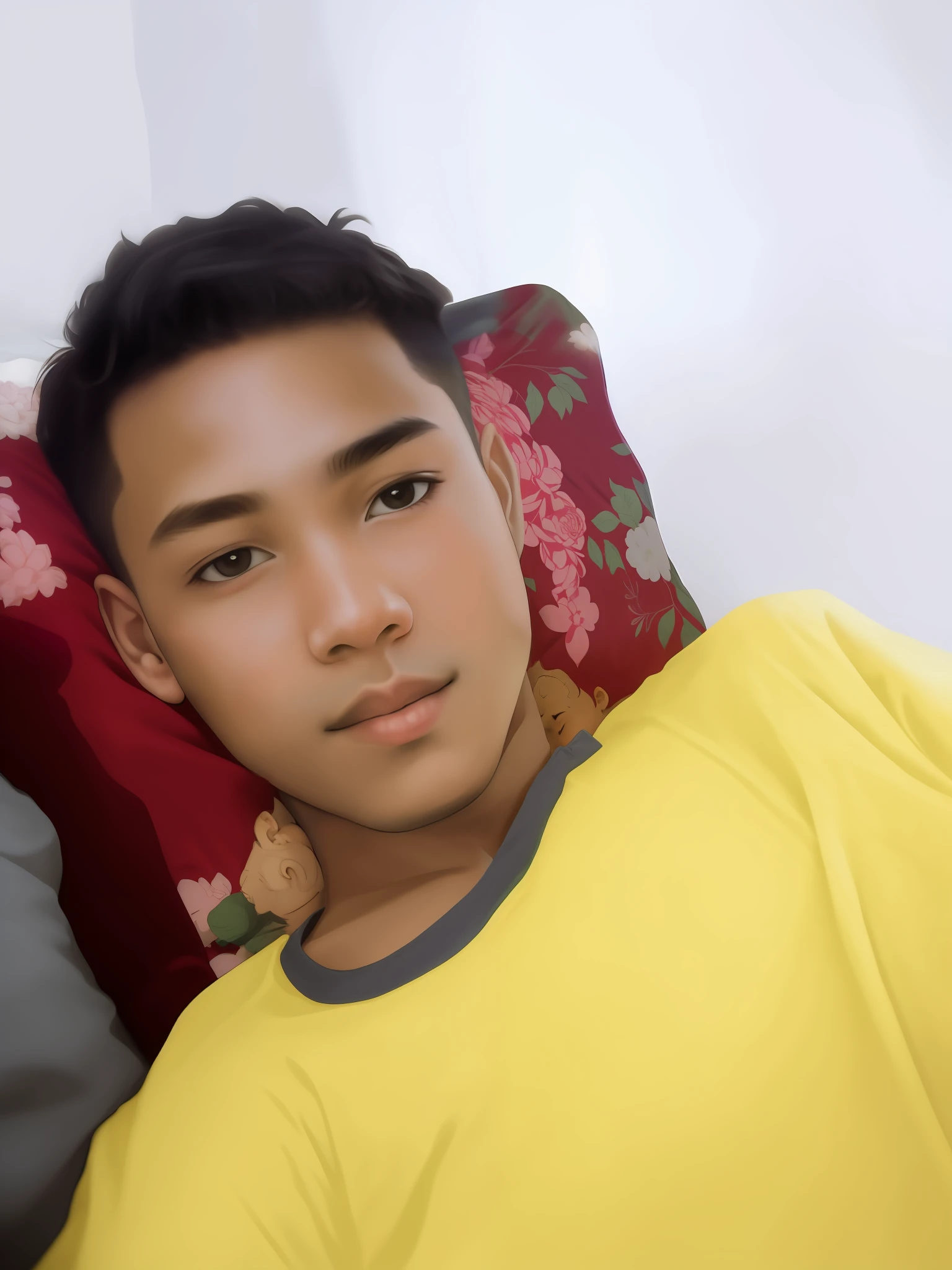 (CW: age mention) On a bed lies a man surrounded by a diverse group of young boys, ranging from 2 to 29 years old. The scene is intimate and comforting with soft lighting and a warm color palette, emphasizing the love and bond between them.