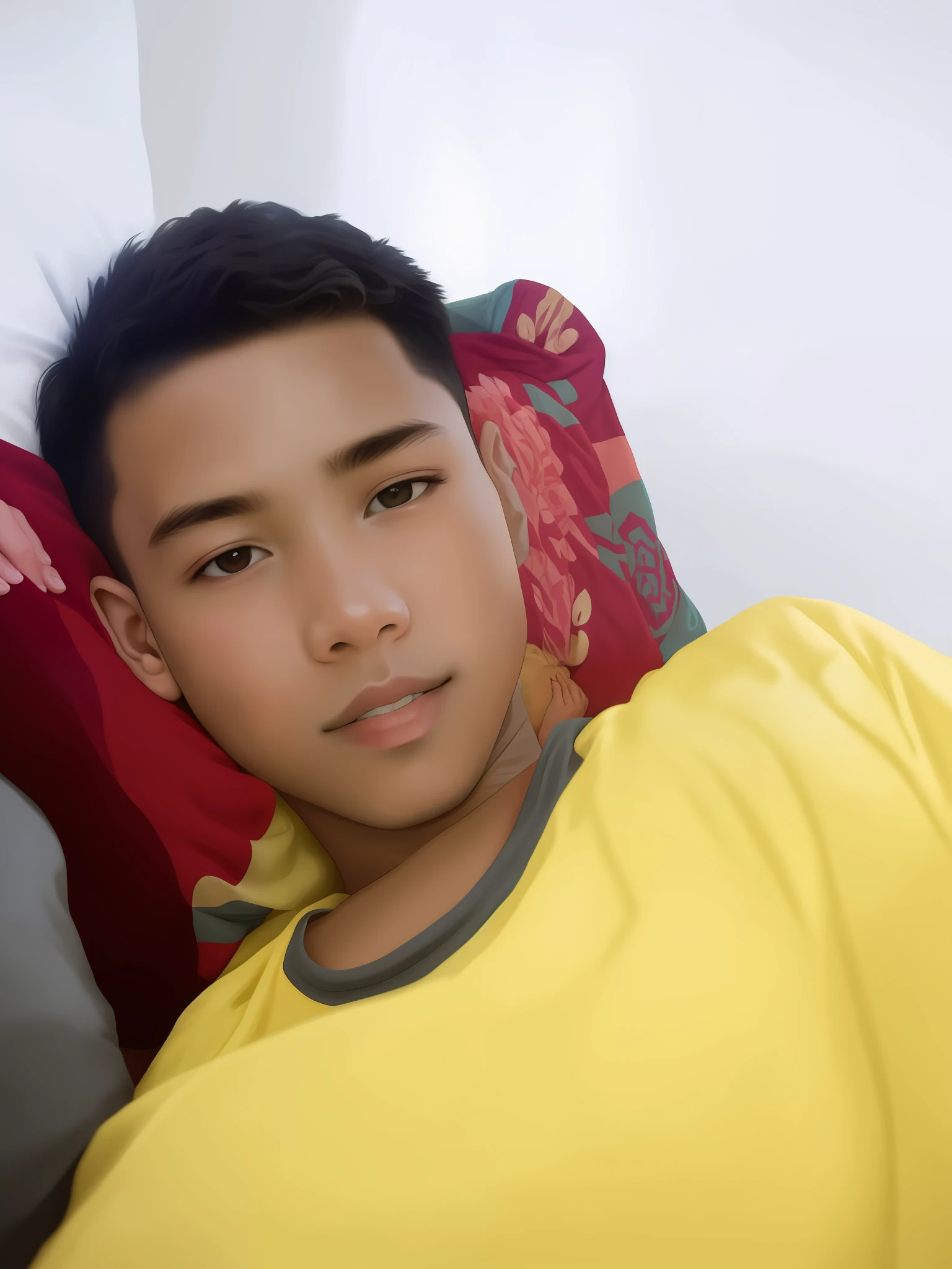 (CW: age mention) On a bed lies a man surrounded by a diverse group of young boys, ranging from 2 to 29 years old. The scene is intimate and comforting with soft lighting and a warm color palette, emphasizing the love and bond between them.