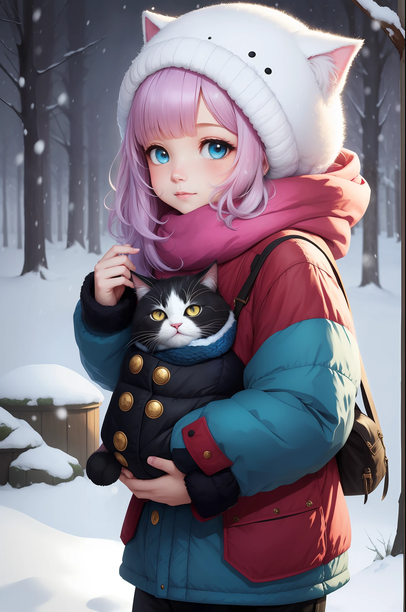 Style-NebMagic, Portrait of a fluffy, round and happy baby cat with a scarf made of Style-SylvaMagic in the snow, by Ismail Inceoglu, Gazelli, James Jean, Anton Fadeev and Yoshitaka Amano, insanely detailed, 8k resolution, digital art, trends in season of arts, vibrant colors, chibi style, a masterpiece, adorable and friendly