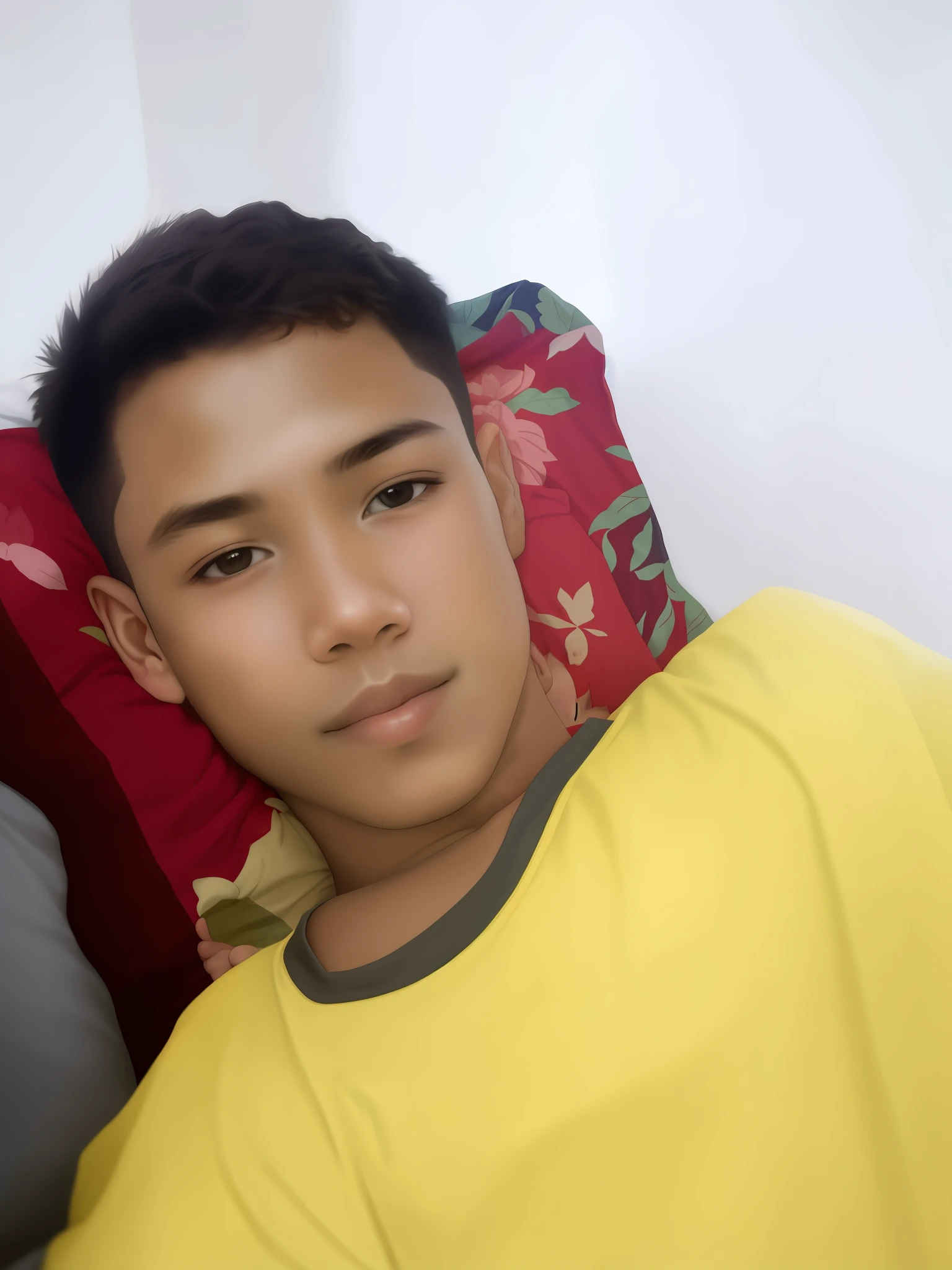 (CW: age mention) On a bed lies a man surrounded by a diverse group of young boys, ranging from 2 to 29 years old. The scene is intimate and comforting with soft lighting and a warm color palette, emphasizing the love and bond between them.