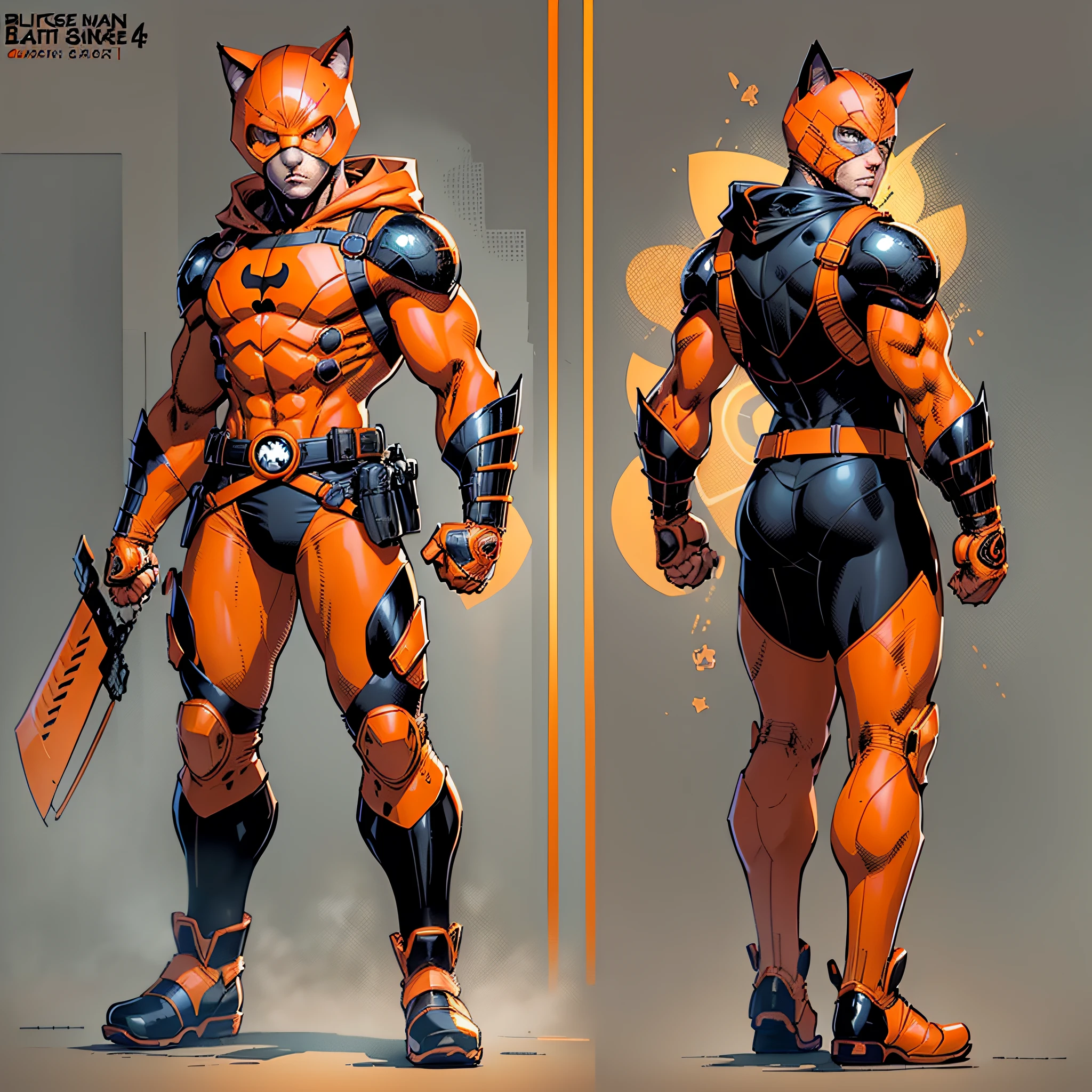 22 year old boy,cute,orange brusa,black long sleeve,orange glove,orange belt,black pants,orange boots,orange hood with feline ears,orange mask,super hero,brown hair,full body character,detailed,reference sheet,T pose,white background --seed2835150414