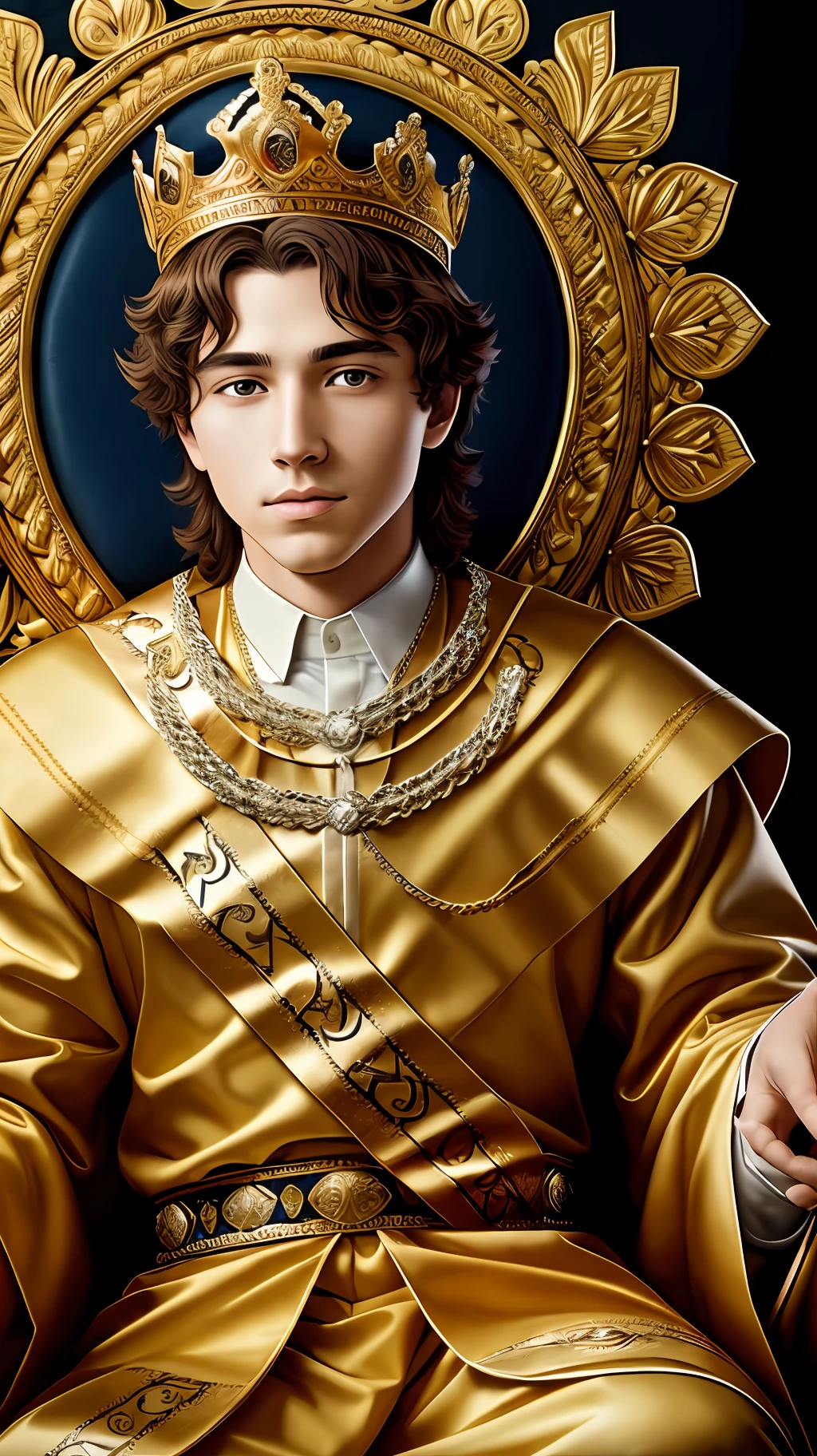 A young king of twenty-five years with a crown on his head sitting on the throne, masterpiece, high realistic image, high resolution,8k --auto --s2