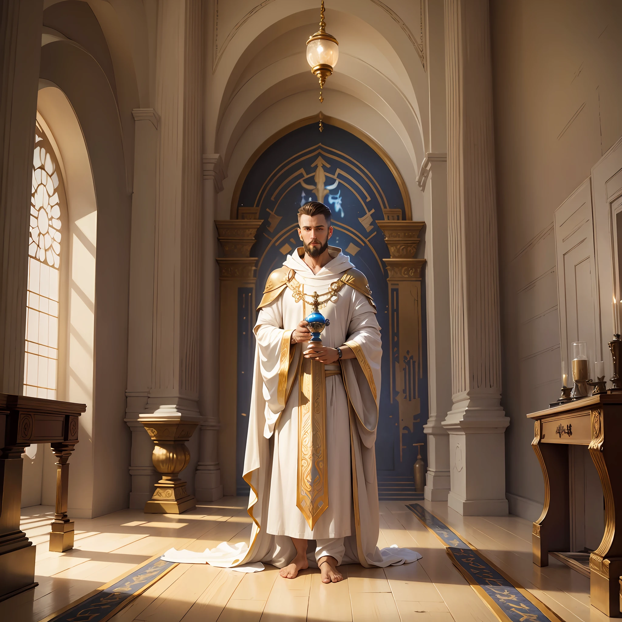 Man goatee short hair, tall, white robes tunic, 4k realistic censer image in Hand, arc front of the Alliance, room gold colored walls --auto --s2