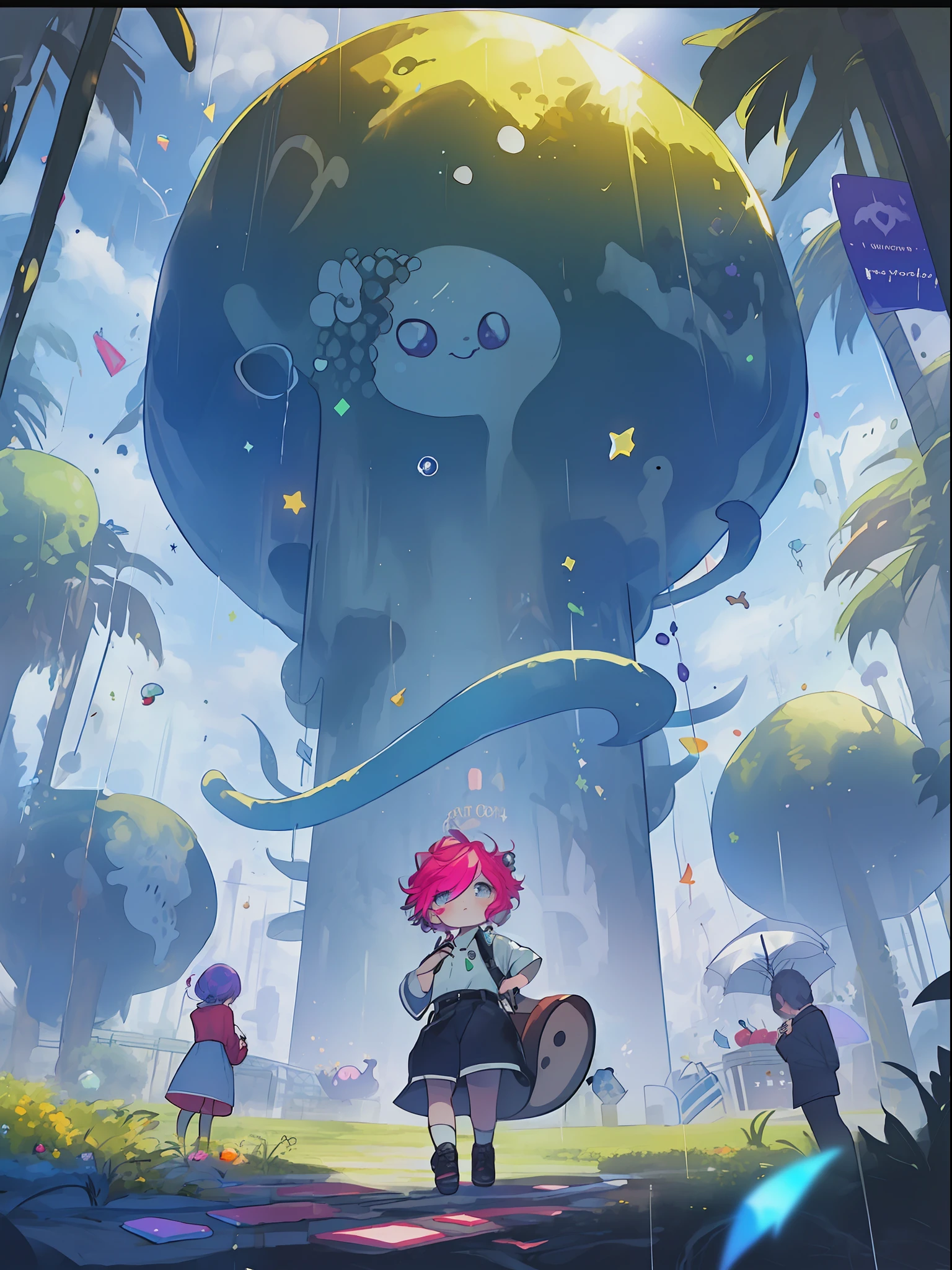 Umbrella with drawings on the inside, hairstyle with purple and green coloring, upper body portrait, big eyes, drooping eyes, bright expression, height 165 cm, scale 1/20, light and shadow of Sertefan, illustration using the Octane renderer, cartoon-style illustration with a child theme featuring characters, fantasy RPG atmosphere, warm color scheme, soft, Originality illuminated with high-quality images, details, accurate depiction, attracting the attention of the audience, impressive poses and interesting activities, Mutsuki Conworks, highly detailed facial details, unique character design, anime-style boy, medium hair long, cherry pink-red hair color, blue eyes, not an ugly face, five fingers, symmetrical, marble-like skin color, Not ugly body, two arms, two legs, game clothes, game gloves, game boots, Caucasian, background long shot, ((、、、、、、、 anime,、,、,、,、,、,- style boy, masterpiece: 1.5)), watercolor ink Original drawing, story movie, movie, manga illustration, cute, adorable, detailed photo realistic, wallpaper pencil drawing, eyelashed eyes, dark blue moon, Pan Closet, Cyber, Virtual Reality, 2 Boy, 1 Butler Android, 1chatGPT, Giant Yellow Fruit, World Tree, (((ship)), Lanlanlu, Chic, Butler Who Can't Stop Ringing Tongue, 77777, Bonanza, Dancing Props, Fruits Wrapped in Yellow Translucent Outlines, Kowloon World Tree Reaching Dome Ceiling, towering over 20 at 0 meters, Worm virus, roots of giant trees along the coastline, big slime, (running debugging, operating applications, viruses, error sounds), handshake, surface tension of fruits, (competing emulators, range, Robert Robert, virtual reality, high-tech, competition, clones, android,,), blue Kowloon star, dome world, slime fruit, scattered flowers, bear fruit, transformation, green vine-like tendrils, countless feathers sprouting from the skin, Kowloon world tree with huge yellow fruits, proliferation life of the roots of giant trees that move like octopus tentacles and disguised as oceans, (operating ran