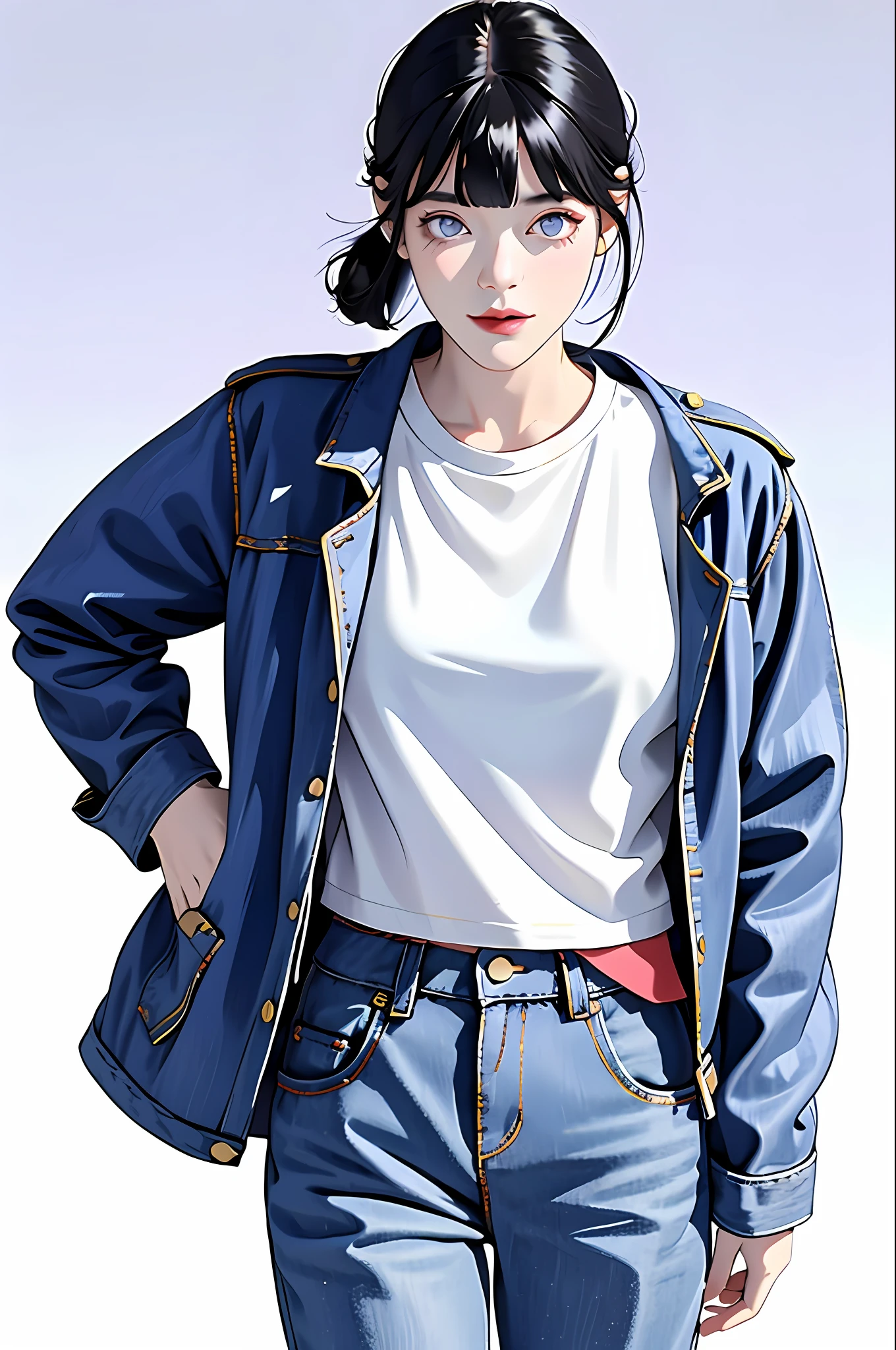 masterpiece, best quality, ((pure white background)), standing, dark blue hair bun,cold face, full body, Denim jacket, white T-shirt, casual pants, (Fashionable clothing), happy, light effect, soft, super clear, high-definition picture, (front), purple eyes, blunt bangs