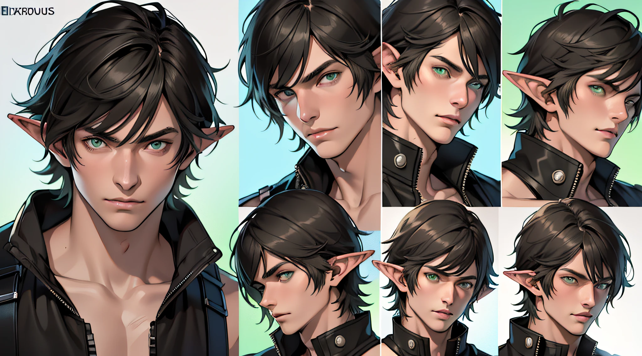 (absurdres, highres, ultra detailed), 1 male, elf adult, handsome, tall slender guy, narrow shoulders, finely detailed eyes and detailed face, messy shaggy black hair, side bangs, bangs, green eyes, sexy twink, shirtless, final fantasy 14, dog collar, model sheet, character model sheet, reference sheet, multiple poses of same character