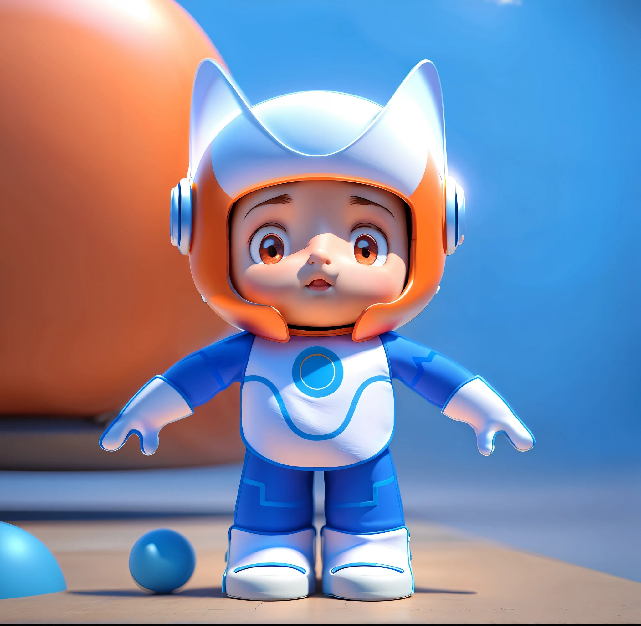 A little boy, orange helmet, blue clothes, white gloves, white shoes, 3d rendering, Pixar style