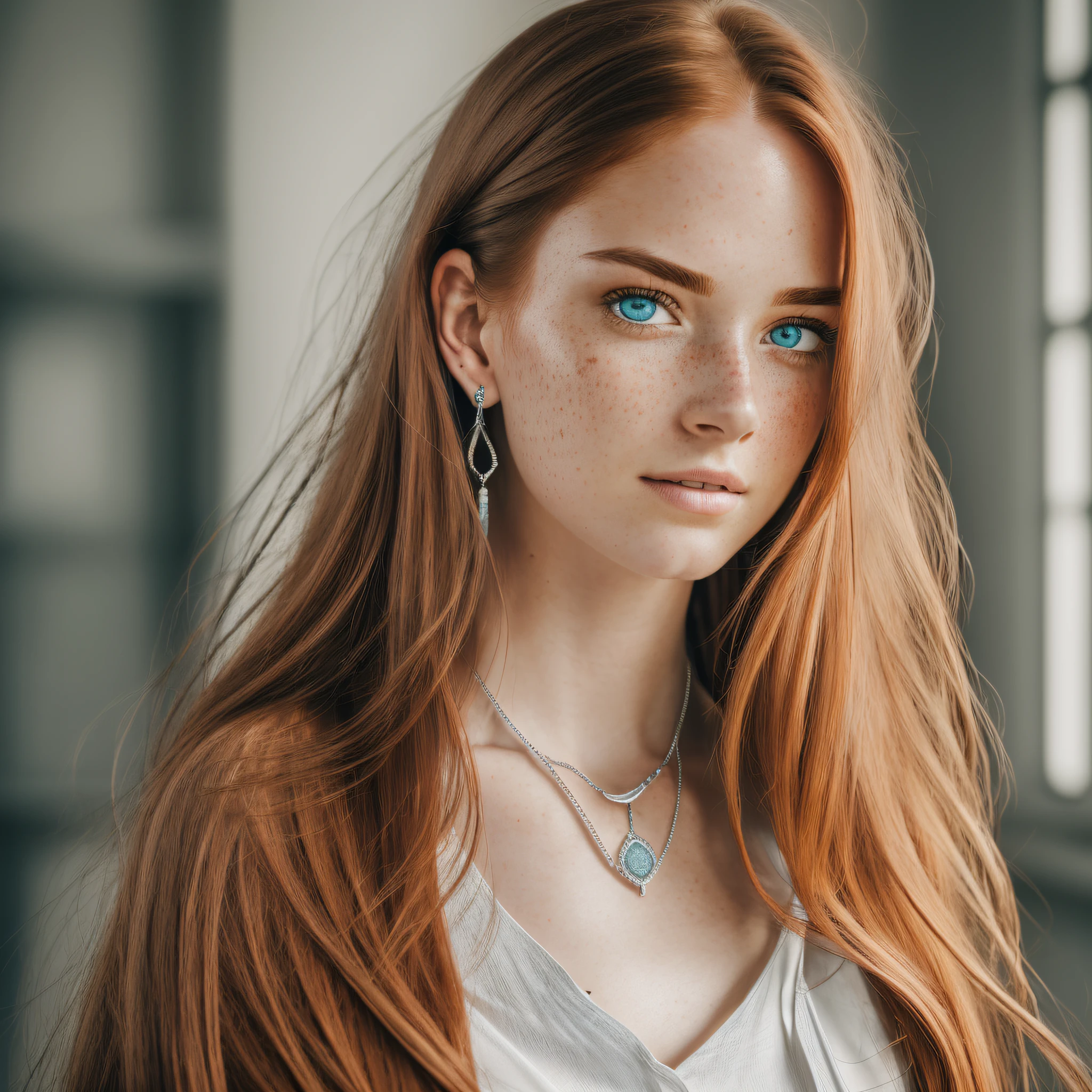 (8k, RAW photo, highest quality), (realistic epic: 1.5), a woman, dynamic posture, sensual face, blue blouse, (detailed eyes: 0.8), (looking at the camera: 1.4), (highest quality), (best shadow), intricate details, cinematic, ((skin: 1.4)), interior, (long ginger hair flowing: 1.3), dark studio, (hdr: 1.5), detailed, muted colors, freckles, silver necklace, silver earring,  long wavy red hair, straight hair, hair down, hair pulled back --auto --s2