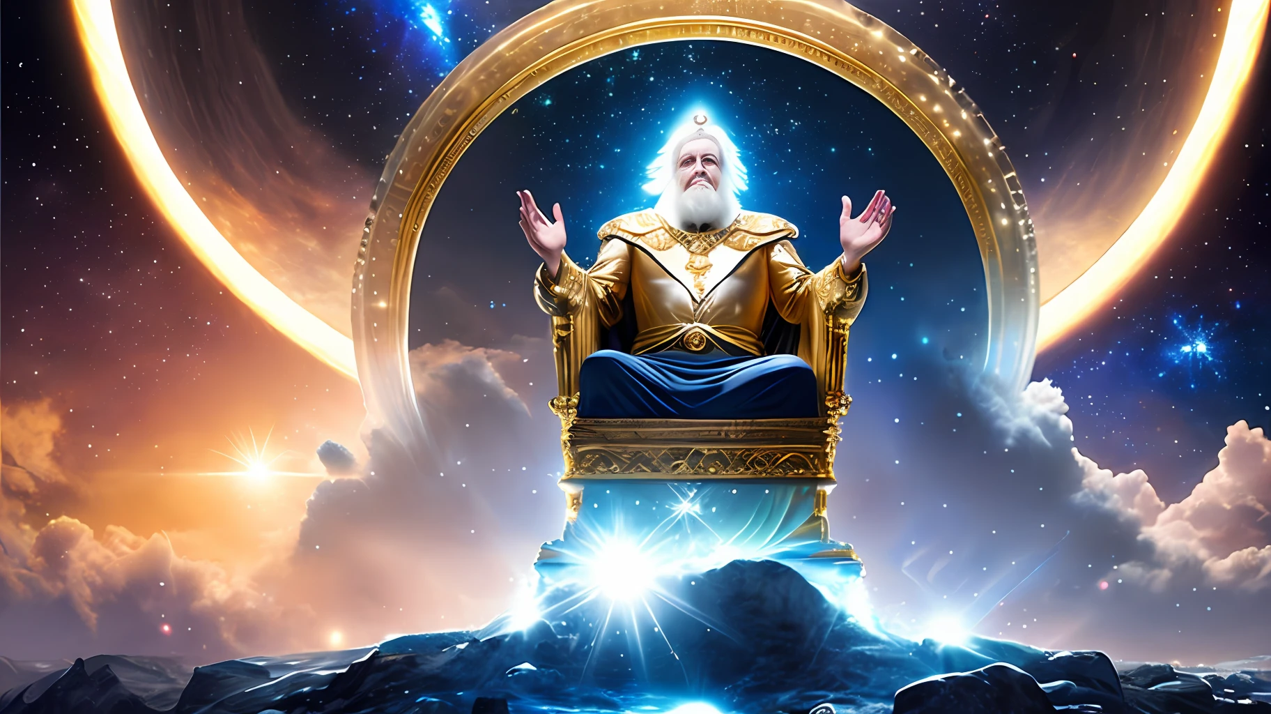 super high resolution, best quality, photo, 16k, (photorealistic: 1.2), cinematic lighting, An old man in the shape of a mythical god. Depict the god holding the sun and moon, enveloped by a radiant aura. Seat them on a magnificent throne within a cosmic backdrop, in bright white cloaks floating on the crystal throne, floating on crystal clouds, surrounded by the splendors of the universe. Pay meticulous attention to stunning details and achieve a resolution of 64K for an immersive and realistic visual experience. Let your work capture the essence of myth and wonder, leaving viewers in awe of its beauty and power.