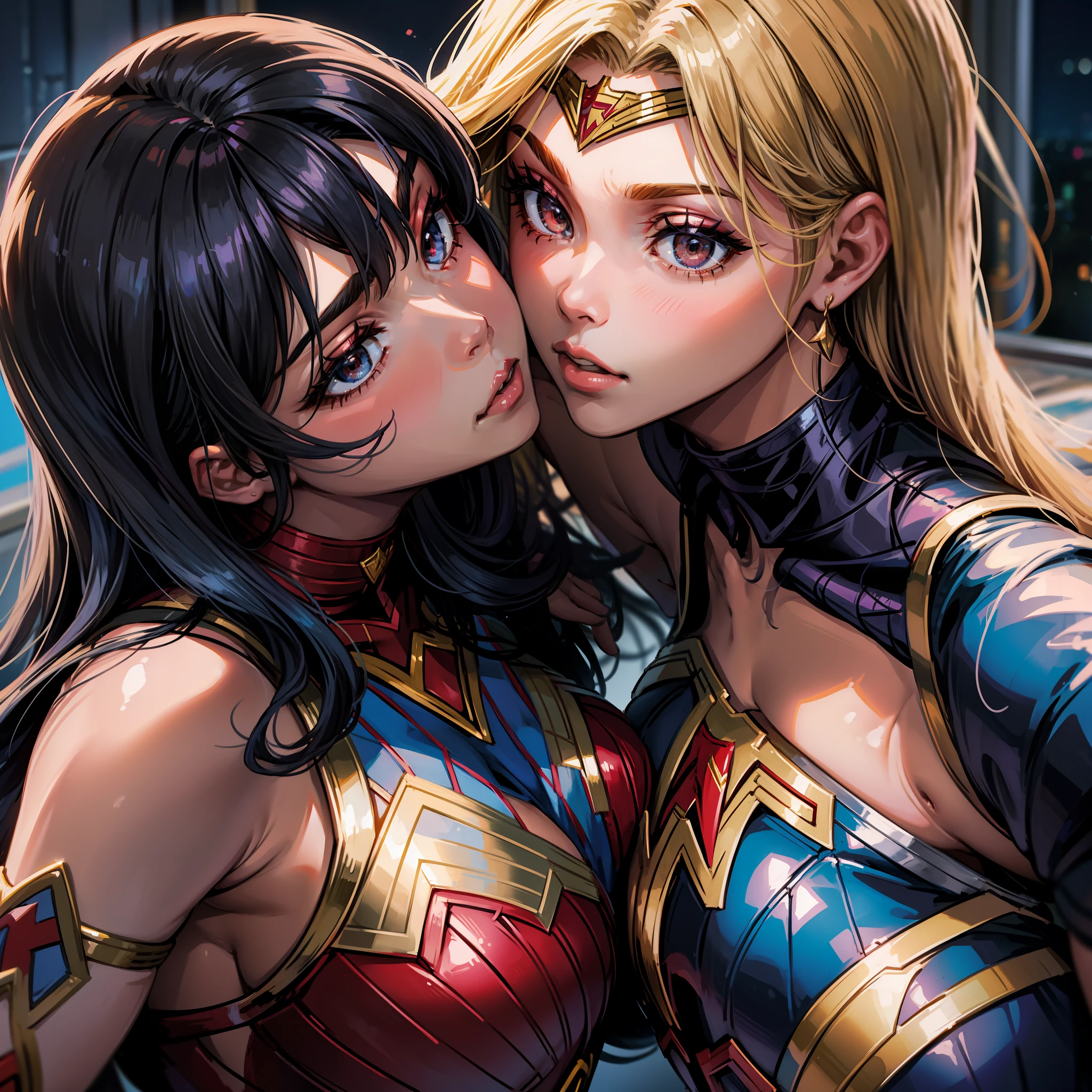 2 women kissing, cosplay, at a party, one wears wonder woman clothes, the other is dressed as supergirl, sexy, lascivious, yuri