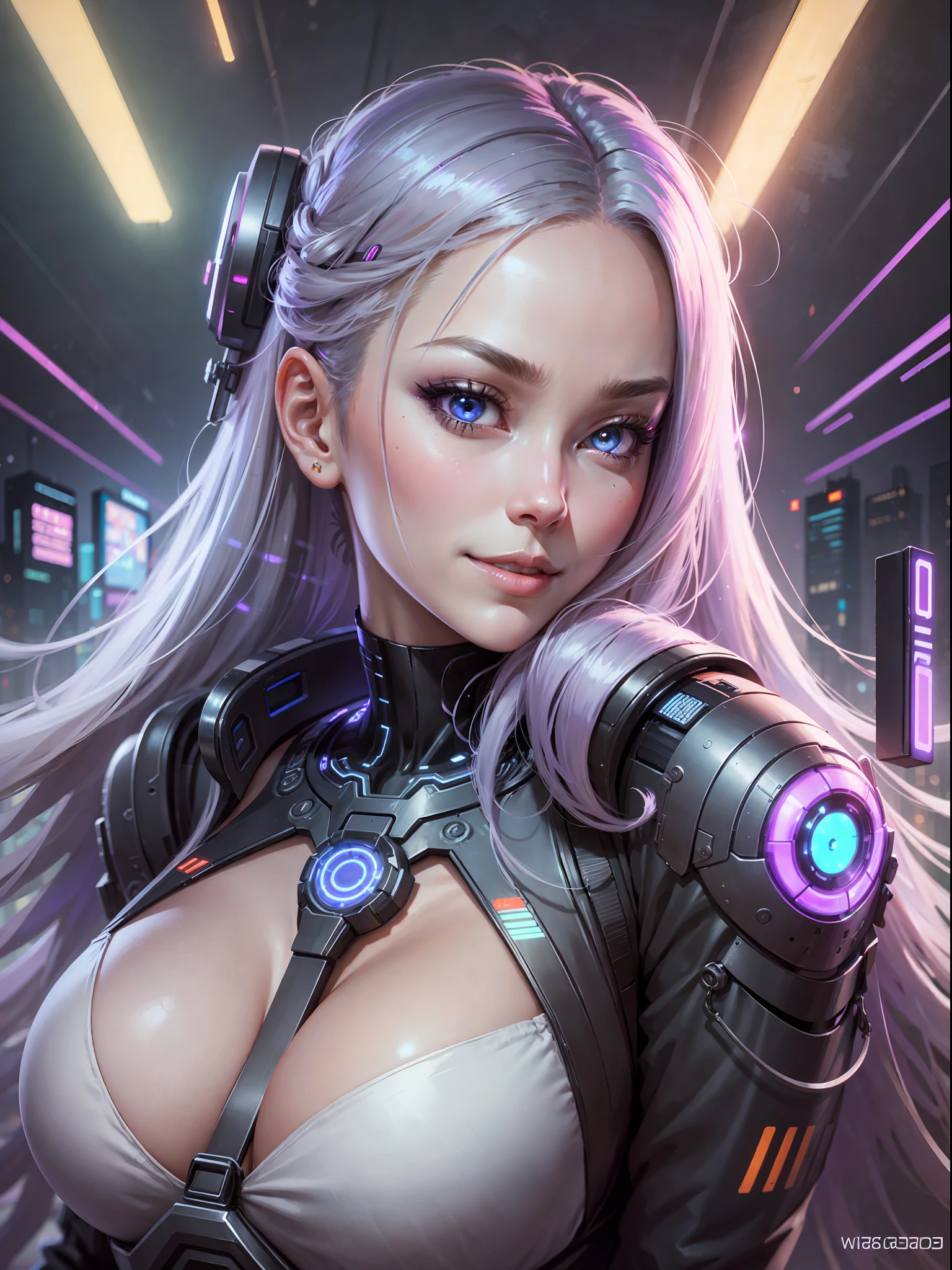best quality, masterpiece, trending on art station, WLOP, ,solo, science fiction, cyberpunk, extremely beautiful, sexy, smug face, futuristic DJ, wearing a silver halter neck dress, smug smile, cleavage, highly detailed, perfect, detailed face, detailed eyes, long hair, main color palette is pale neon lights