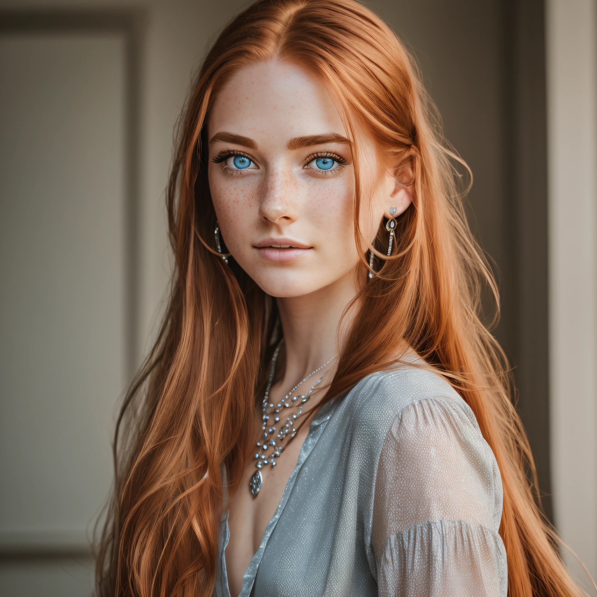 (8k, RAW photo, highest quality), (realistic epic: 1.5), a woman, dynamic posture, sensual face, blue blouse, (detailed eyes: 0.8), (looking at the camera: 1.4), (highest quality), (best shadow), intricate details, cinematic, ((skin: 1.4)), interior, (long ginger hair flowing: 1.3), dark studio, (hdr: 1.5), detailed, muted colors, freckles, silver necklace, silver earring,  long wavy red hair, straight hair, hair down, hair pulled back --auto --s2