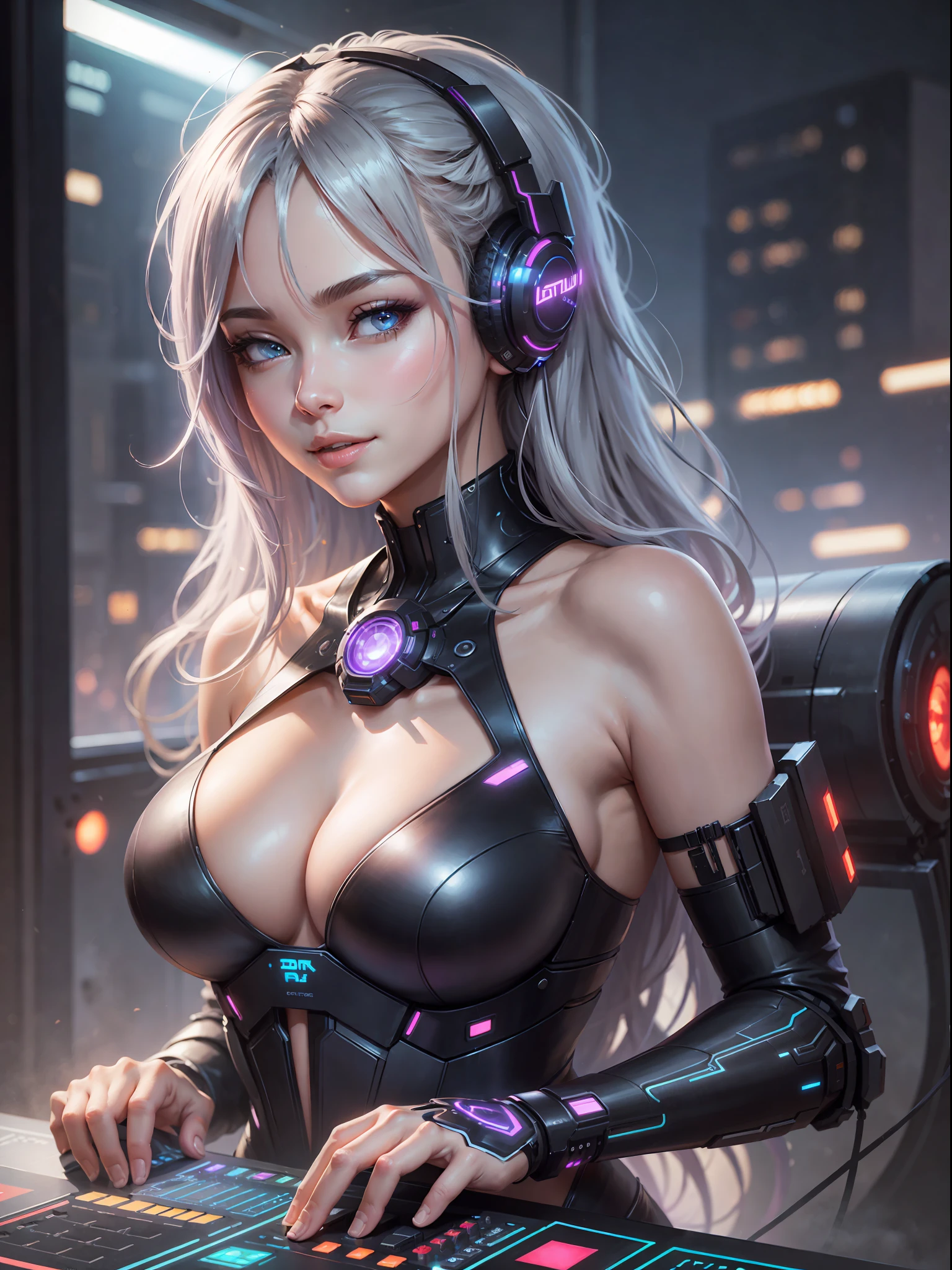 best quality, masterpiece, trending on art station, WLOP,  ,solo, science fiction, cyberpunk, extremely beautiful, sexy, futuristic DJ, wearing a silver halter neck dress, smug smile, cleavage, highly detailed, perfect, detailed face, detailed eyes, long hair