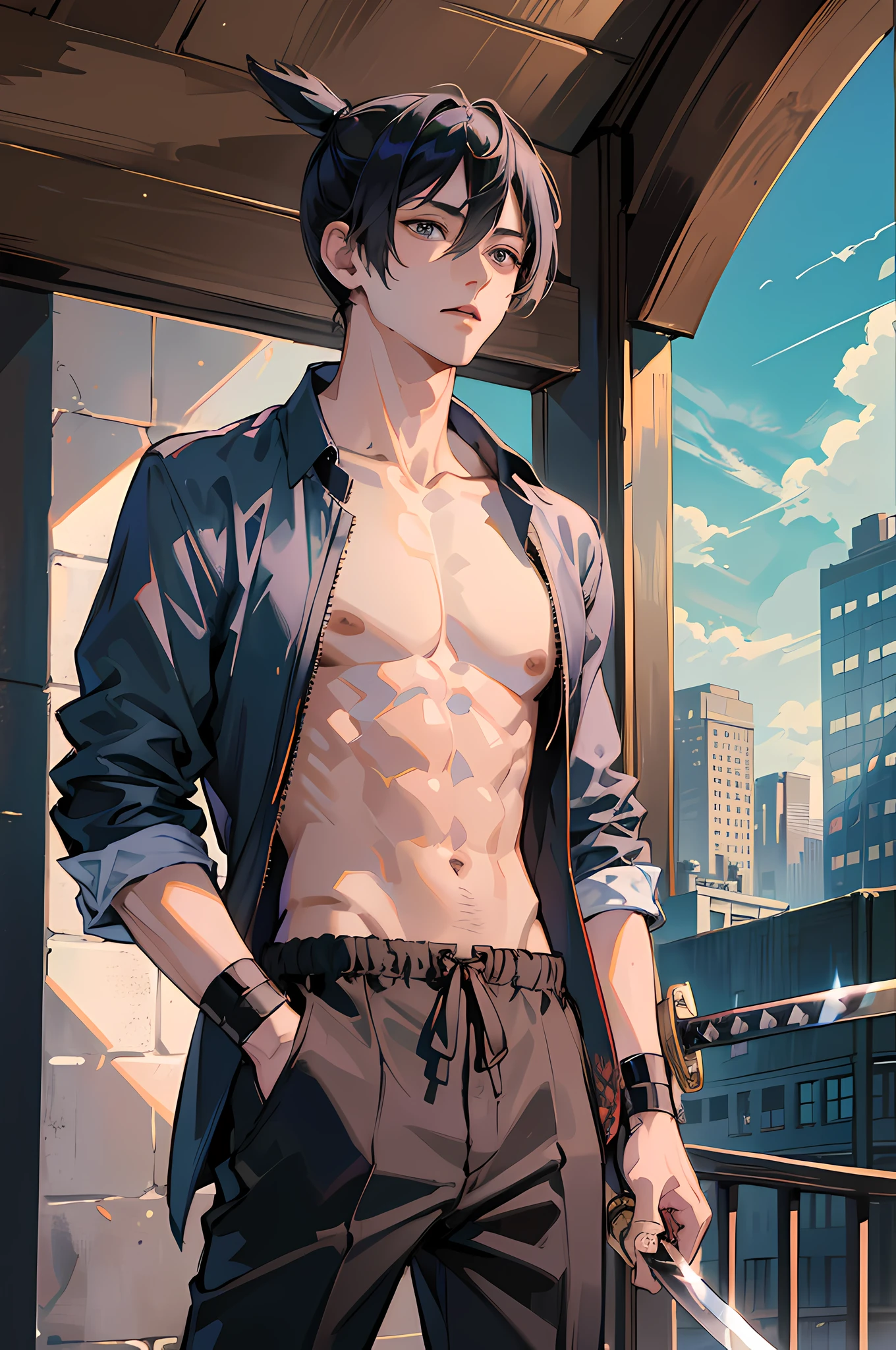 (absurdres, highres, ultra detailed, HDR), masterpiece, best quality, hayakawa aki, 1boy, solo, handsome, topknot, thin and slender, open shirt, pants, ((intricate katana)), city,