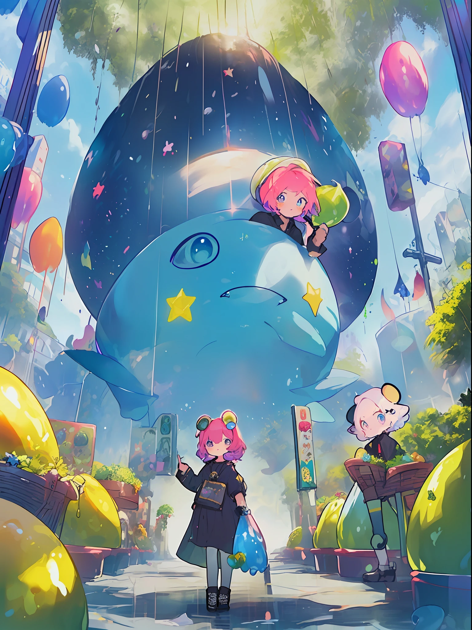 Purple with green coloring hairstyle, upper body portrait, big eyes, drooping eyes, bright expression, height 165 cm, scale 1/20, light and shadow of Sertefan, illustration using Octane renderer, cartoon-style illustration with children's theme featuring characters, fantasy RPG atmosphere, warm color scheme, soft, high quality images, details, Illuminated with accurate depiction, originality that attracts the attention of the audience, impressive poses and interesting activities, Mutsuki Conworks, highly detailed facial details, unique character design, anime-style boy, medium hair long, cherry pink-red hair color, blue eyes, not an ugly face, five fingers, symmetrical, marble-like skin color, not an ugly body, two arms(2 legs, game clothes, game gloves, game boots, Caucasian, background long shot, ((、、、、、、、 anime,、,、,、,、,、,-style boy, masterpiece: 1.5)), watercolor ink original drawing, story movie, movie, manga illustration, cute, adorable, detailed photo realistic, wallpaper pencil drawing, eyelashed eyes, dark blue moon, pan closet, cyber, Virtual Reality, 2 Boys, 1 Butler Android, 1chatGPT, Giant Yellow Fruit, World Tree, (((Ship)), Lanlanlu, Chic, Butler Who Can't Stop Ringing Tongues, 77777, Bonanza, Dancing Props, Fruits Wrapped in Yellow Translucent Outlines, Kowloon World Tree Reaching Dome Ceiling, Towering Over 20 of 0 Meters, Worm Virus, Roots of Giant Trees Along the Coastline, Big Slime, (Debugging Runs, Application Operations, Viruses, Error Sounds), Handshake, Surface Tension of Fruits, (Competing Emulators, Range, Robert Robert, Virtual Reality, High-Tech, Competition, Clones, Android,,), Blue Kowloon Star, Dome World, Slime Fruit, Scattered Flowers, Bear Seed, Metamorphosis, Green Vine-like Tendril, Countless wings sprouting from the skin, Kowloon World Tree with huge yellow fruits, multiplication life of the roots of giant trees disguised as oceans, moving like octopus tentacles, (operating range of application), large slime berries, maintaining