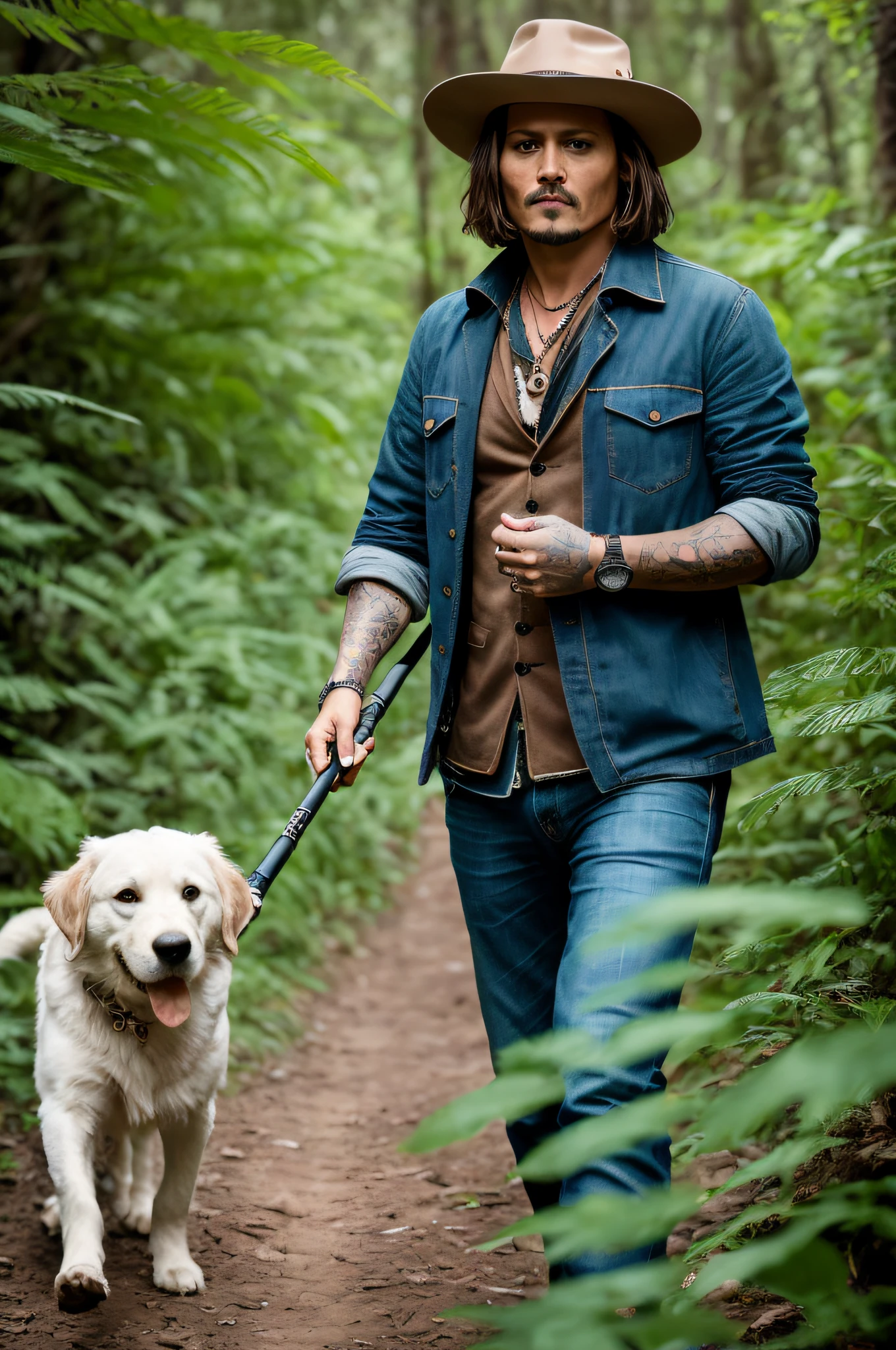 masterpiece, johnny depp walking through the jungle among dogs, (high detail: 1 1), rough face, natural skin, high quality, nsfw, beautiful eyes, (detailed face and eyes), (face: 1 2), noise, extra, real photo, psd, lamp film photography, sharp focus, contrast lighting, detailed skin, high resolution 8k, crazy detail, realistic, professional photography, 8k UHD, SLR camera, soft lighting, high quality, grain film, Fujifilm XT3