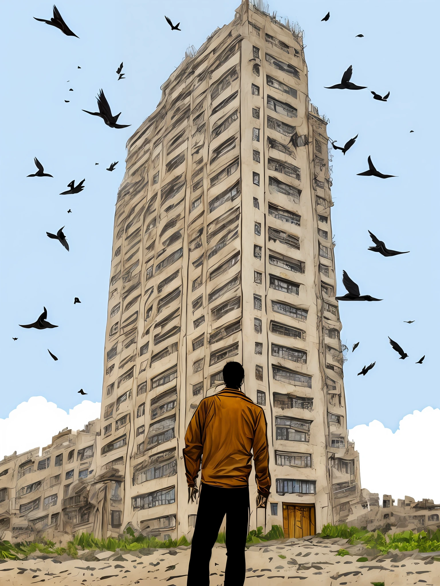 Drawing of a man standing in front of a tall building with birds flying around More realistic, muddy, passionate, cartoonish, back view, entrepreneur, rock bottom