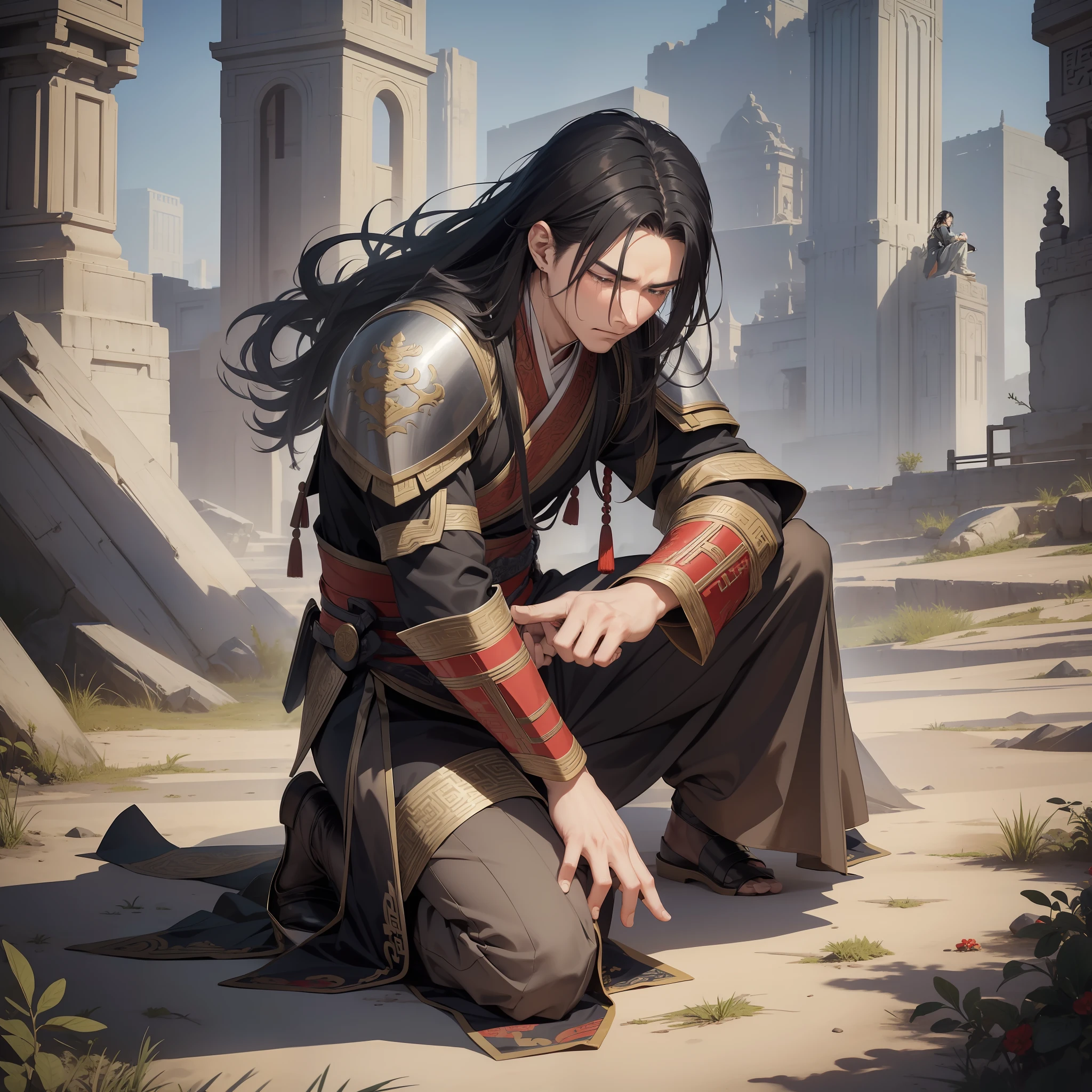 Absurd resolution, high resolution, (masterpiece: 1.4), hyper-detail, ancient Chinese, black long-haired young man kneeling on one knee, holding a sword in the ground (1.3), (tears 1.2), (crying in pain 1.2), warrior in ancient Chinese armor, blood, fighting, standing on an ancient city wall (1.3), dusk (man 1.5) (kneeling on one knee action 1.5) (desert environment 1.5) (handsome man 1.5)