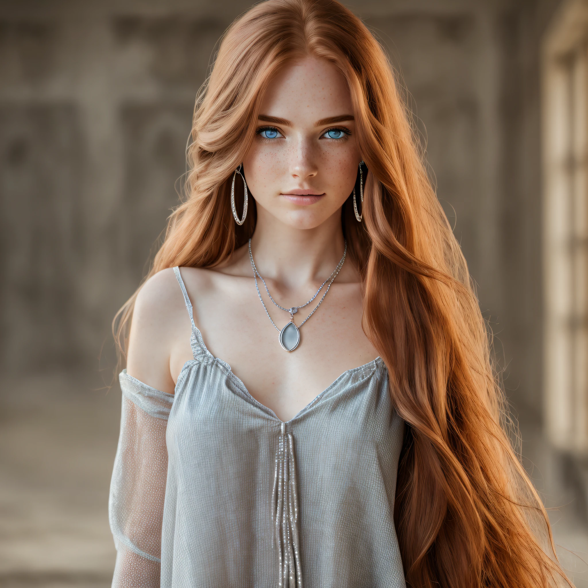 (8k, RAW photo, highest quality), (realistic epic: 1.5), a woman, dynamic posture, sensual face, blue blouse, (detailed eyes: 0.8), (looking at the camera: 1.4), (highest quality), (best shadow), intricate details, cinematic, ((skin: 1.4)), interior, (long ginger hair flowing: 1.3), dark studio, (hdr: 1.5), detailed, muted colors, freckles, silver necklace, silver earring, long wavy red hair, straight hair, hair down, hair pulled back --auto --s2