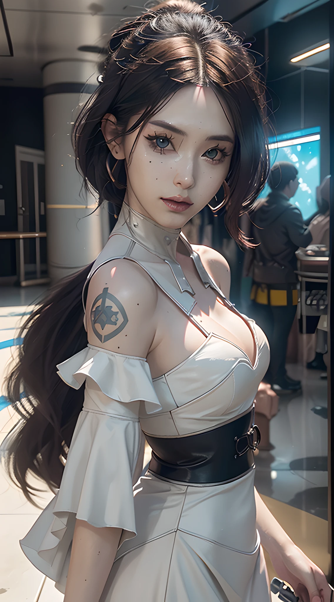 ((Best quality)), ((masterpiece)), (detailed:1.4), 3D, an image of a beautiful cyberpunk female,HDR (High Dynamic Range),Ray Tracing,NVIDIA RTX,Super-Resolution,Unreal 5,Subsurface scattering,PBR Texturing,Post-processing,Anisotropic Filtering,Depth-of-field,Maximum clarity and sharpness,Multi-layered textures,Albedo and Specular maps,Surface shading,Accurate simulation of light-material interaction,Perfect proportions,Octane Render,Two-tone lighting,Wide aperture,Low ISO,White balance,Rule of thirds,8K RAW,