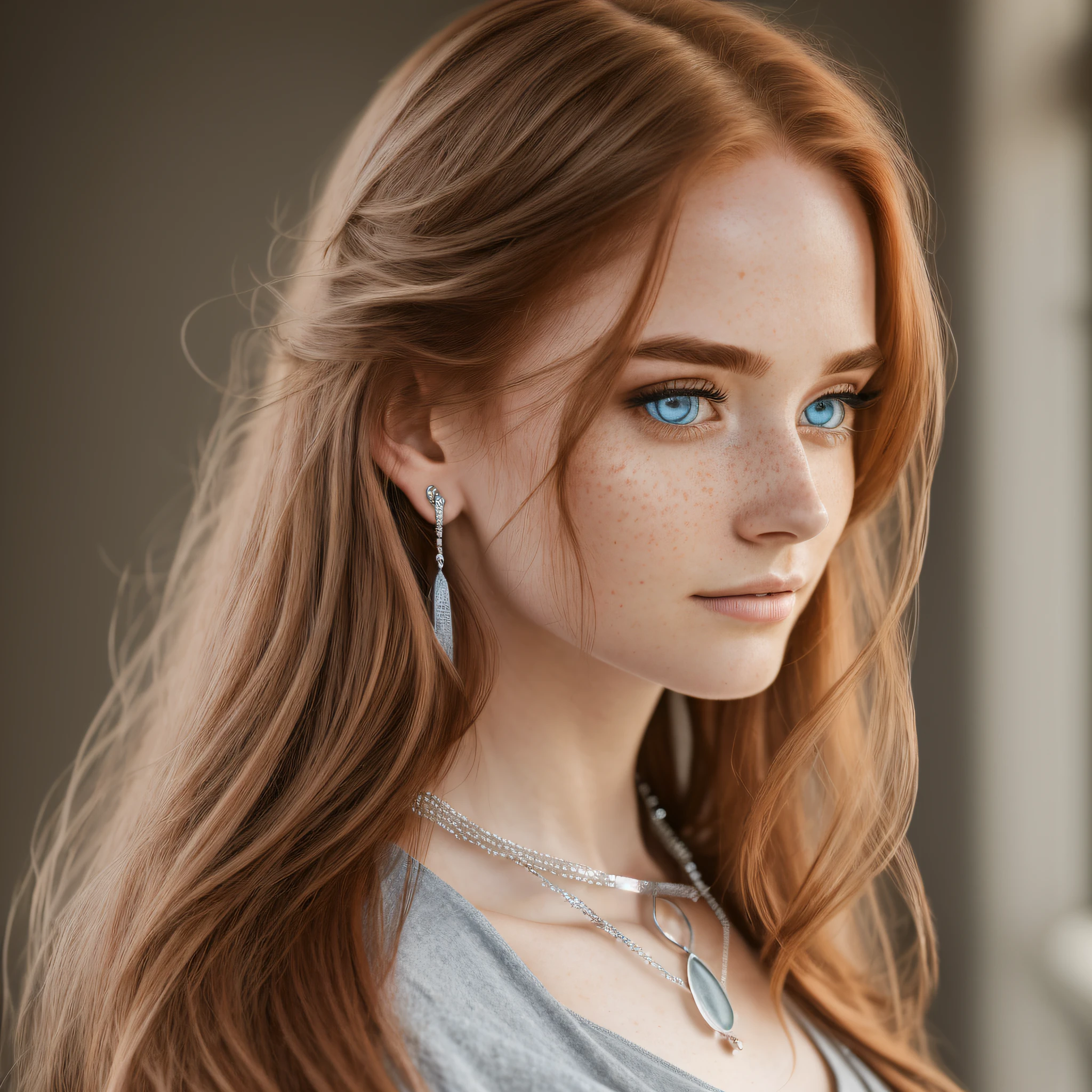 (8k, RAW photo, highest quality), (realistic epic: 1.5), a woman, dynamic posture, sensual face, blue blouse, (detailed eyes: 0.8), (looking at the camera: 1.4), (highest quality), (best shadow), intricate details, cinematic, ((skin: 1.4)), interior, (long ginger hair flowing: 1.3), dark studio, (hdr: 1.5), detailed, muted colors, freckles, silver necklace, silver earring, long wavy red hair, straight hair, hair down, hair pulled back --auto --s2