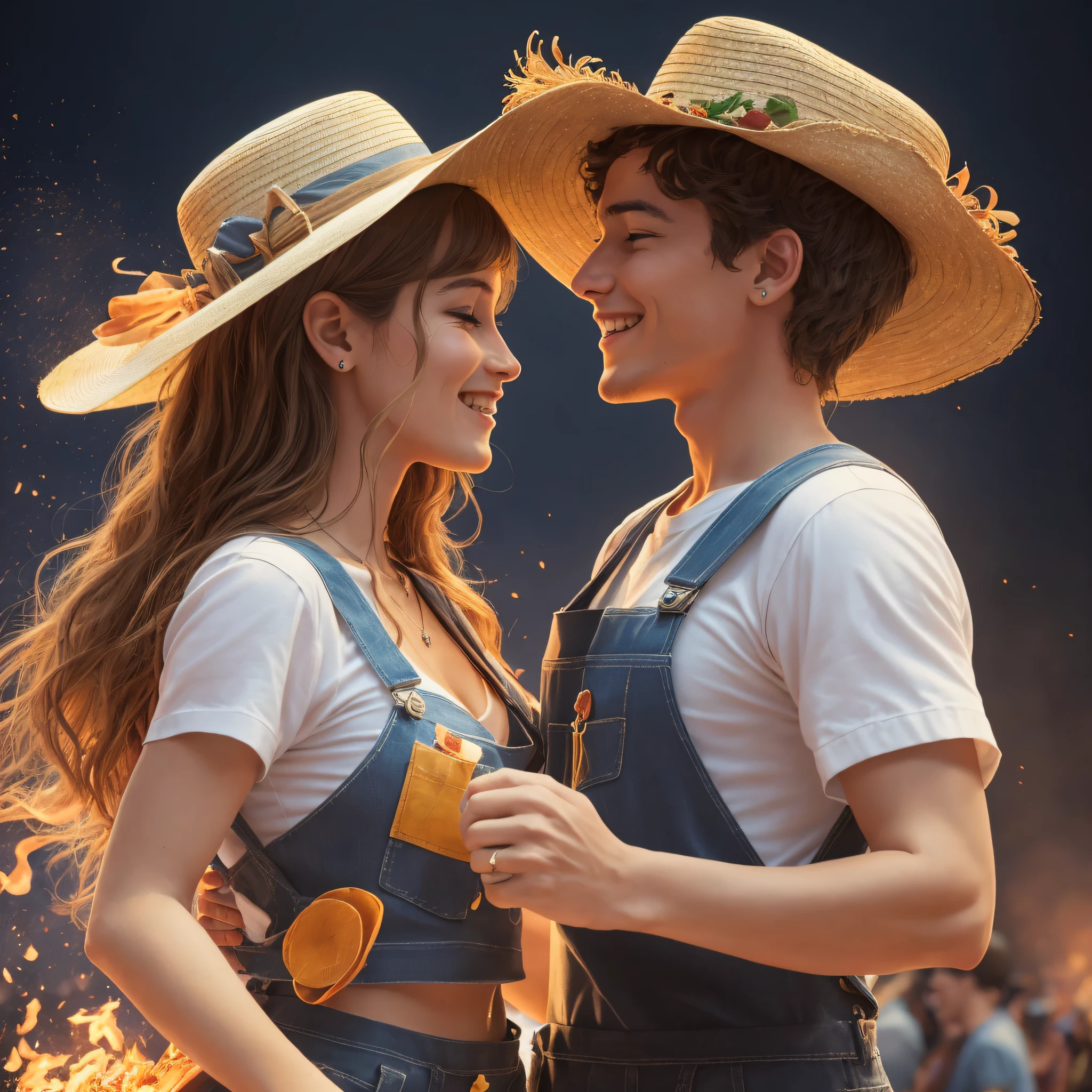 they are standing in front of a crowd of people with fire, wearing a straw hat and overalls, line dancing at a party, description, profile image, smiling couple, photo still, stunning image, cotton, advertising photo, by Juan O'Gorman, by John La Gatta, promo image, on a dark background, promo, happy couple, country style --auto --s2