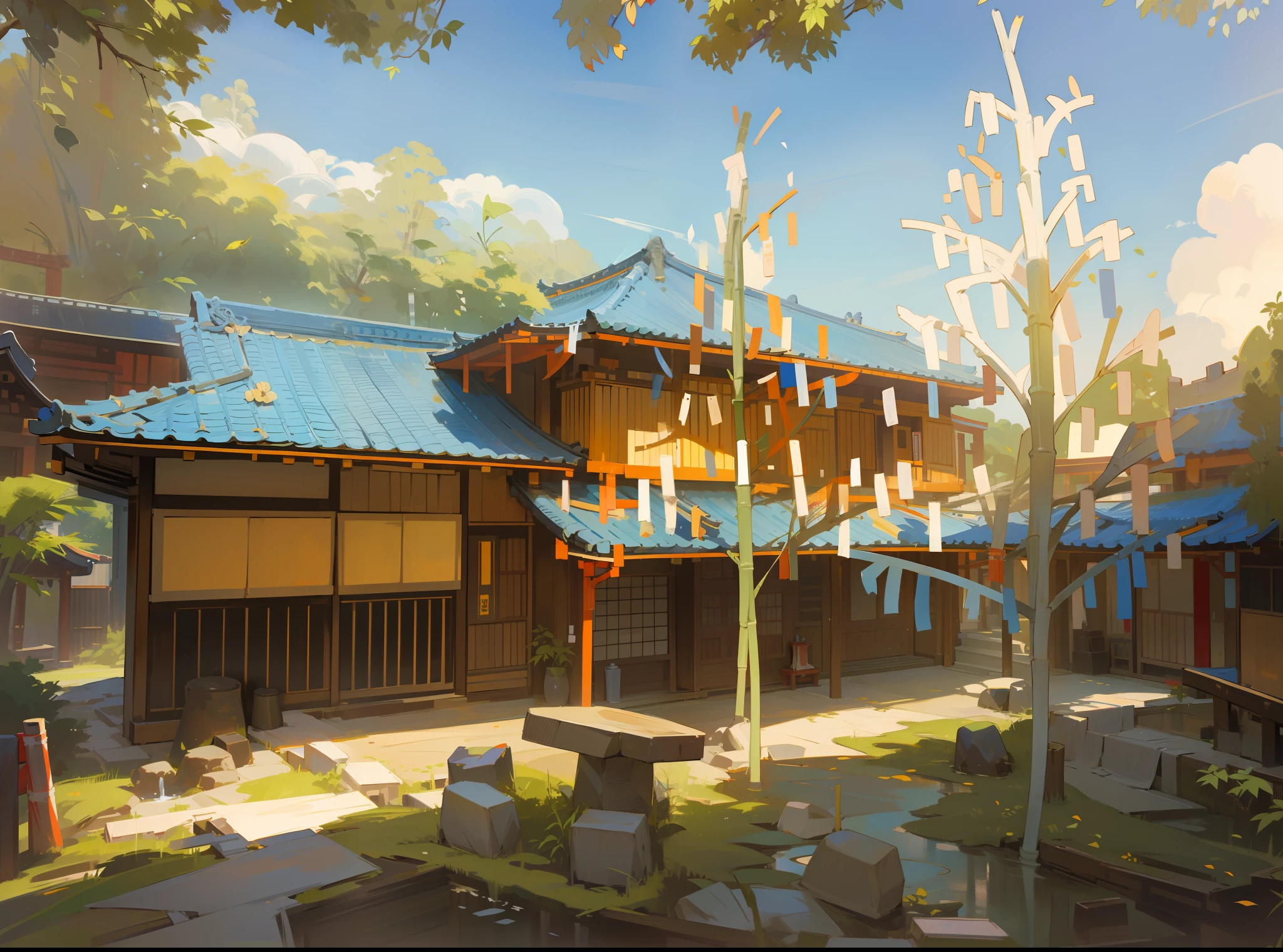 ((masterpiece)),best quality,ultra-detailed CG,high precision,Tokyo atmosphere,traditional Japanese homes],Tanabata,Bamboo leaves,Tanabata ornament,[-:](Bamboo with colorful strips of red & blue & yellow & white & black),Passionate [positive emotion],28 years old,Outdoor [ location], daytime, exit to blue sky, blue sky, wide sky, pale hue, pale hue, Optimistic [情绪], storehouse with white wall on right, stone desk, stone chair, bright garden, fantastic color sky, (sandy ground)