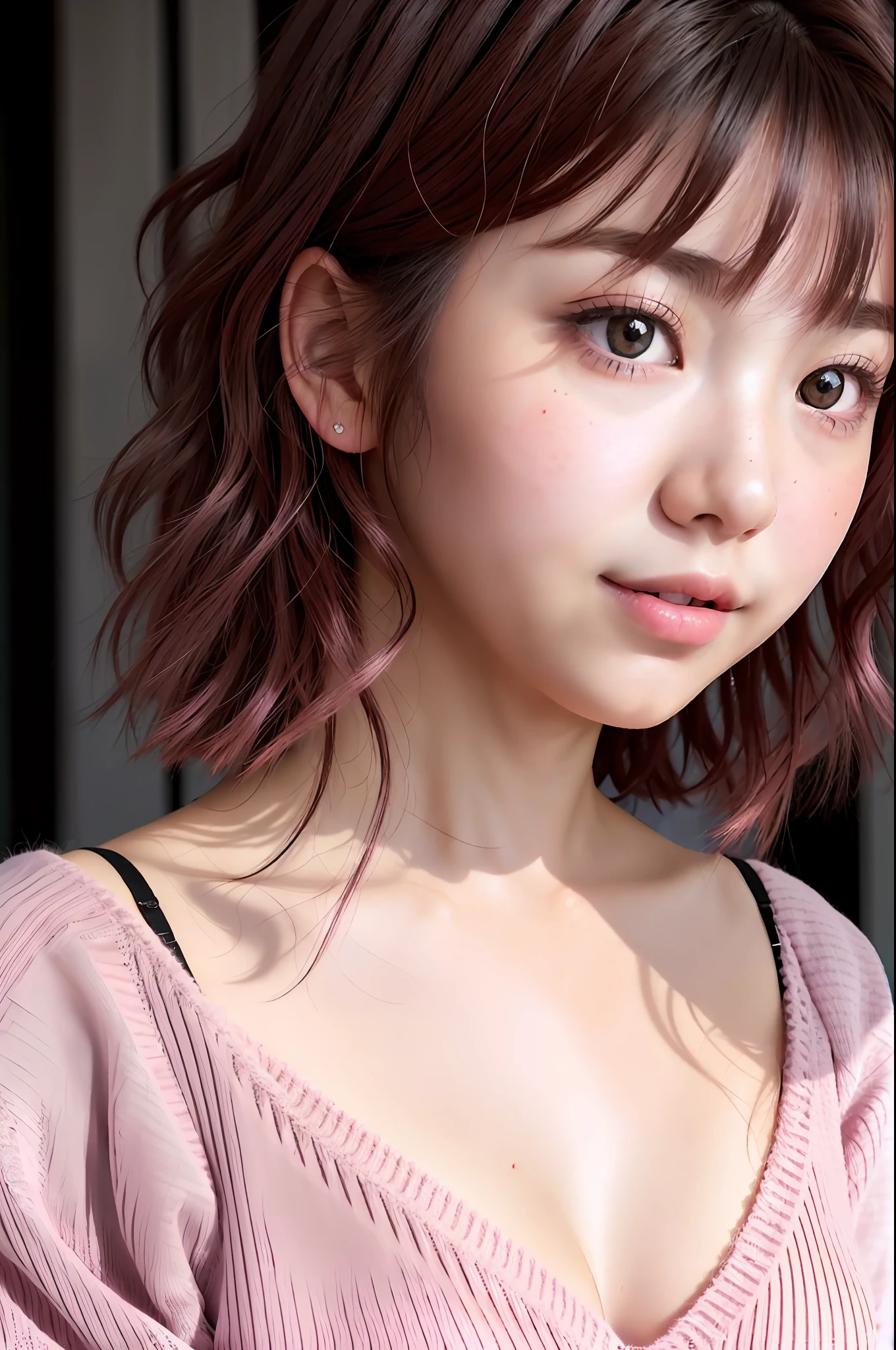 masterpiece, Best quality, Ultra detail, 8K RAW photos, Cinematic lights, Detailed shadows, RAW, (detailed skin), (Real:1.2), Japan girls, Double big pretty eyes, Face, 16 years old, Short hair, Pink gradient hair, Dark brown eyes, Charming smile, Dimples, (black bra, Too big and shabby pink sweater, shoulders exposed,