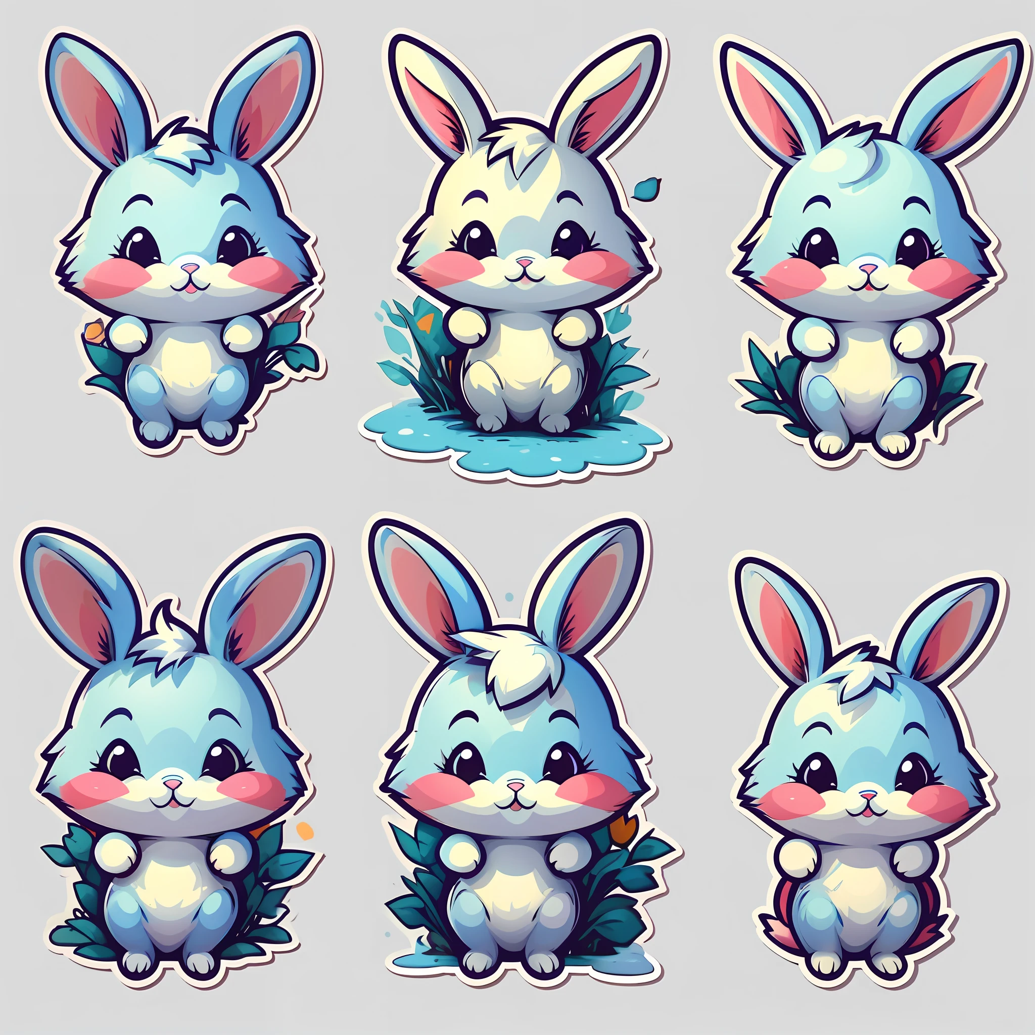 sticker, rabbit in different poses, chibi style, white background, full body, vibrant colors, aligned side by side, vector, sticker illustration, cute rabbit, perfect rabbit, sticker illustrations, sticker design vector art, rabbit, vector sticker, bottomless image, sticker design, matrix cutting sticker, sticker concept design