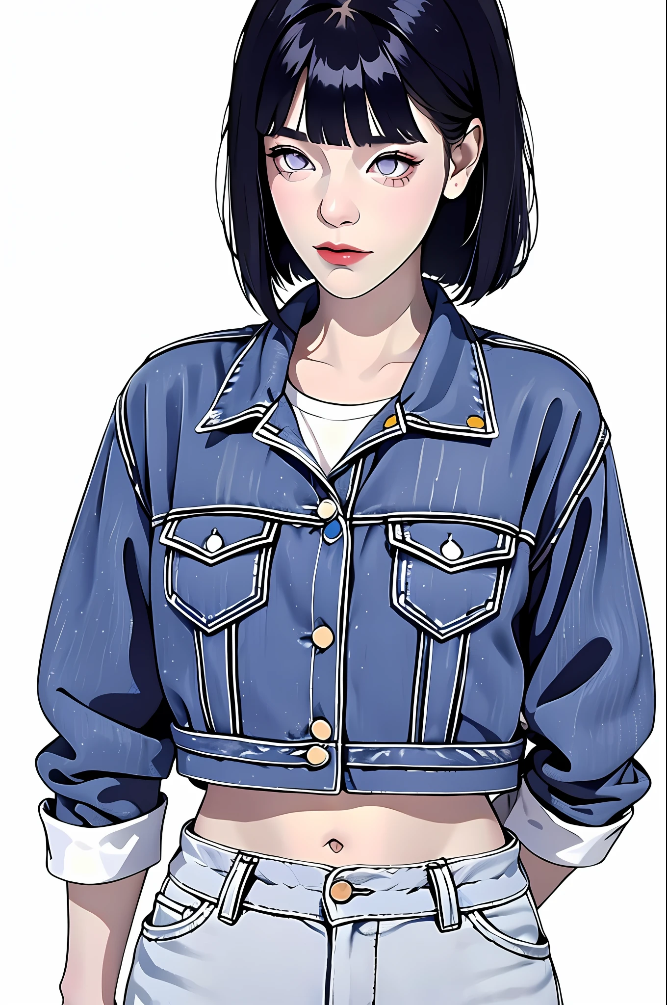 masterpiece, best quality, ((pure white background)), standing, (dark blue hair bun) ,cold face, full body, Denim jacket, white T-shirt, casual pants, (Fashionable clothing), happy, light effect, soft, super clear, high-definition picture, (front), purple eyes, blunt bangs, hinata/(boruto/)
