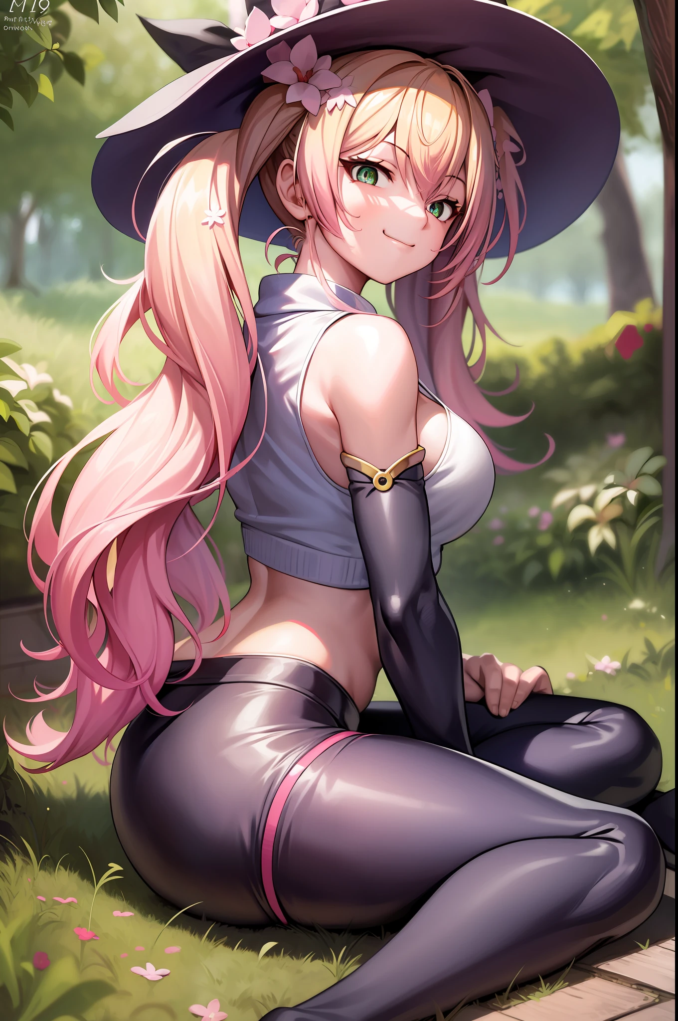 2d, masterpiece, best quality, anime, highly detailed face, highly detailed eyes, highly detailed background, perfect lighting, full body, 1 girl, solo, baby_casual, twintails, sweater, sitting, smile, ​,(extremely detailed CG unity 8k wallpaper:1.1),high resolution, detailed body skin, contrast, color, shadows, forest background,Vanessa,1girl, long pink hair, big chest, smirk, witch hat, looking at the viewer, purple eyes,(16k detailed eyes), detailed face, close up, bent over, backshot,shot from back, yoga pants, sports bra