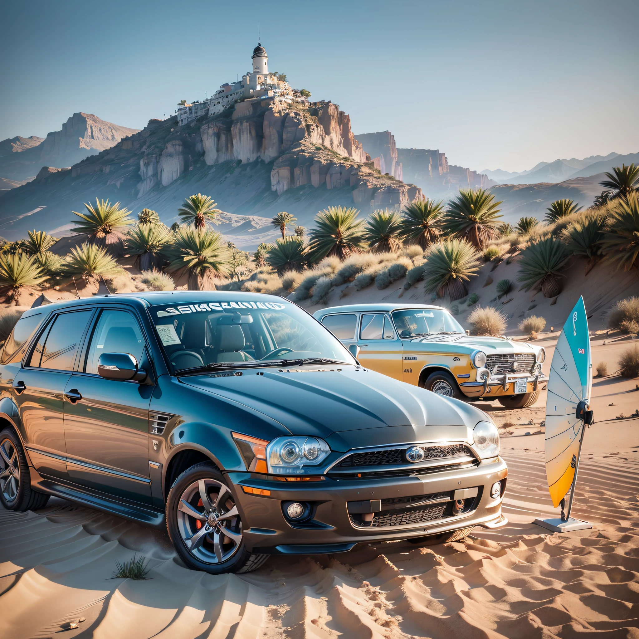 sand beach sun cqueiros kiosks mountain car surfboard on top of car ((vibrant, photo realistic, realistic, dramatic, sharp focus, 8k))) --auto --s2