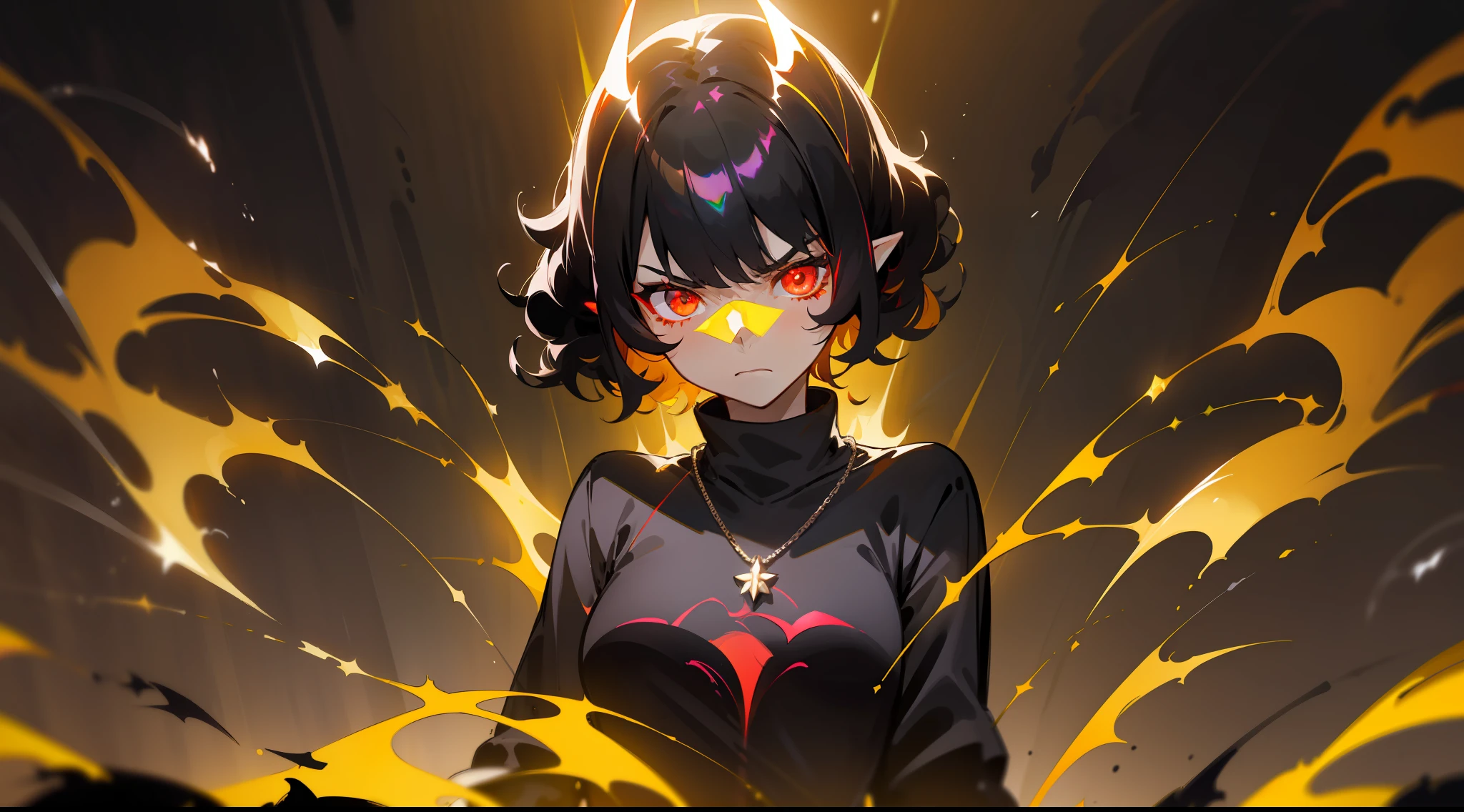 1girl, solo, portrait, black hair, short hair, (curls1.4), red eyes, angry, black sweater, silver necklace, yellow sunglasses, yellow pants with black belt, (glow:1.4), (shade:1.2), fire effects, pointed ears, iridescent tints, (darkness:1.7)