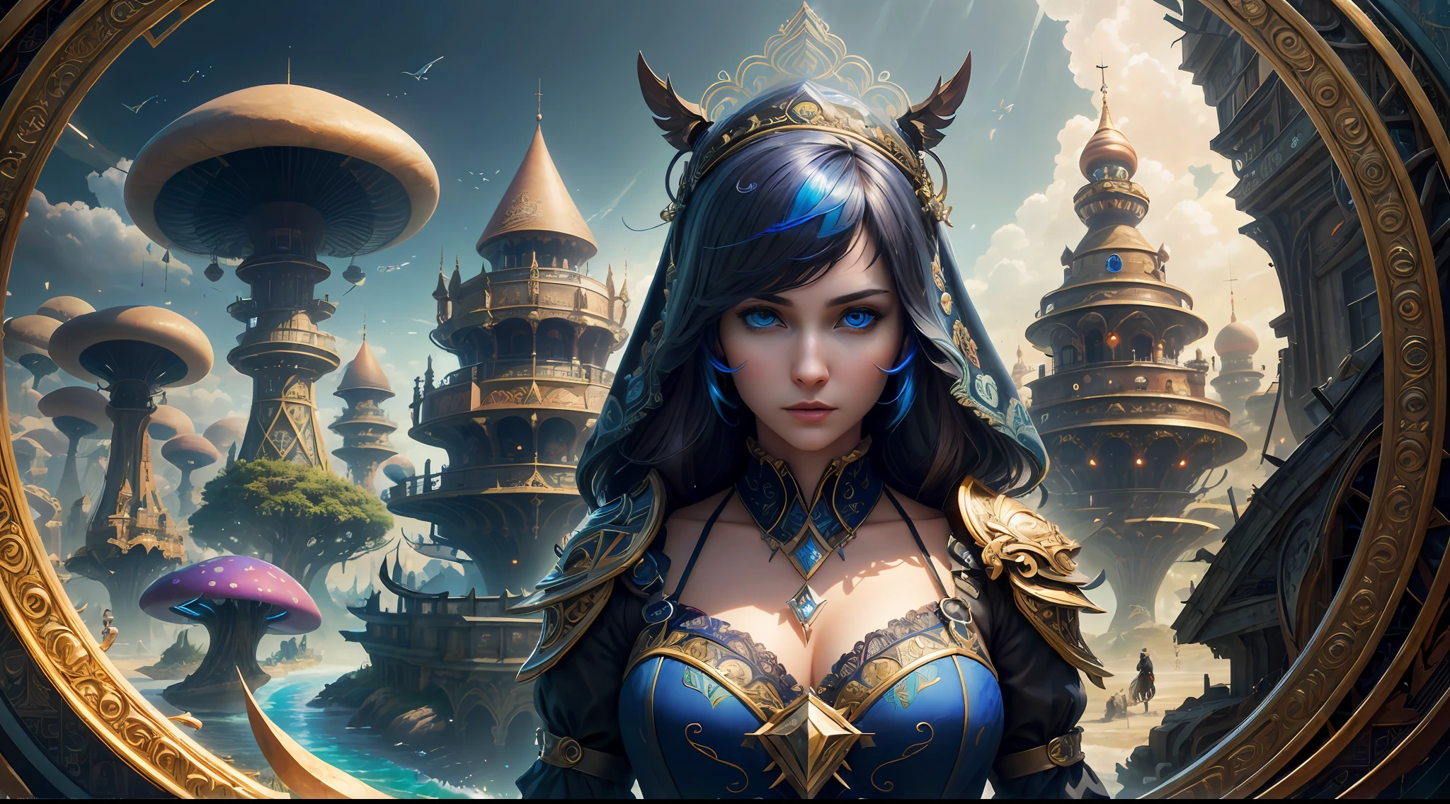 (((Multiplayer, Vivid Eyes, Man and Woman))), Best Quality, Realistic, Realistic, Award-Winning Illustrations, (Intricate Details: 1.2), (Fine Details), (Intricate Details), (Cinematic Light, Best Quality Backlight), Clear Lines, Sharp Focus, Official Art, Unity 8k Wallpaper, Ridiculous, Incredibly Absurd, Fantasy Art, (((Full Body Portrait))), RTX, ((Award-winning Triangle Studio Close-up Photo)), 1 Boy, (shut up), best quality, 4K, beautiful mysterious creatures, female, flying, surrealism, masterpiece by ncwinters, in a mysterious country town, masterpiece, intricate details, ff14style, urban painting, bridge, river, giant mushroom, landscape, bright colors,