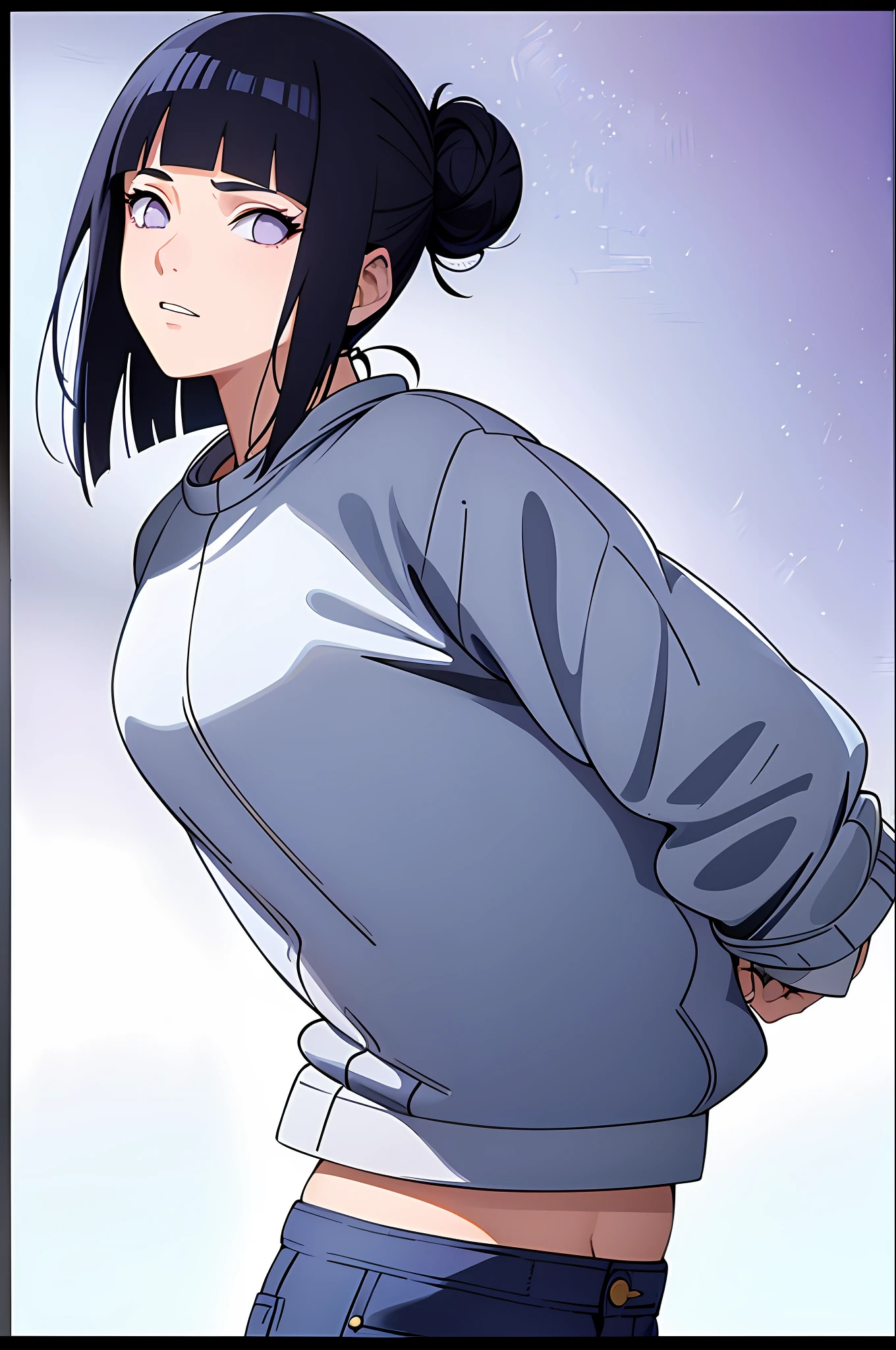 masterpiece, best quality, ((pure white background)), standing, (dark blue hair bun) ,cold face, full body, Denim jacket, white T-shirt, casual pants, (Fashionable clothing), happy, light effect, soft, super clear, high-definition picture, (front), purple eyes, blunt bangs, hinata/(boruto/)