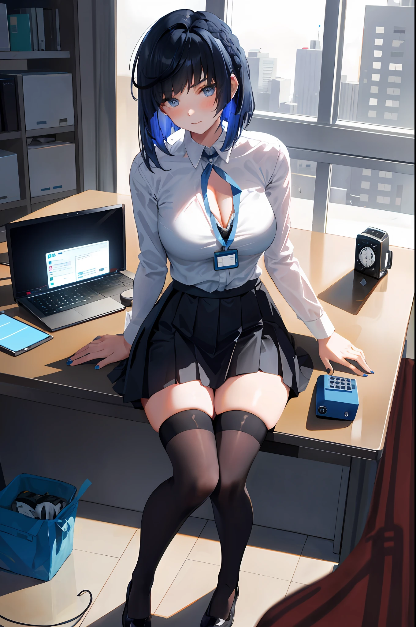 YELAN, 1girl, solo, ((white shirt)), black thighhighs, breasts, cleavage, uniform, office background, black skirt, pleated skirt, office, hair between eyes, large breasts, short hair, looking at viewer, BLUE HAIR, blue short nails, blue eyes, solo, thighhighs, thighs, very long hair, ((masterpiece)), sitting, chair, desk, computer on desk, name tag, id tag, indoor, blush, sexy pose,