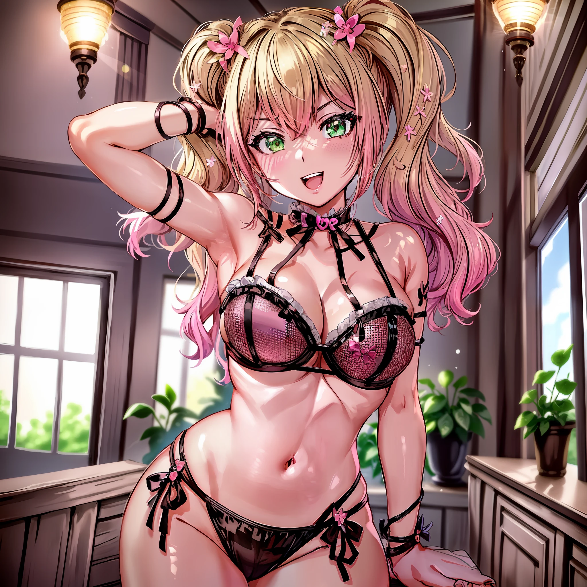 2d, masterpiece, best quality, anime, highly detailed face, highly detailed eyes, highly detailed background, perfect lighting, full body, 1 girl, solo, baby_casual, twintails, smile, bedroom, solo,1 girl,masterpiece,ultra-realistic,4K,HD,excellent quality,great reflections and contrast,pink multi strap bra and panties,open bowtie panties,crotchless lingerie,black fishnet panties,beautiful smiling woman with Open_Lingerie , standing, realistic, front view, model shoot, visible, bimbo, bright, rear view, bedroom background