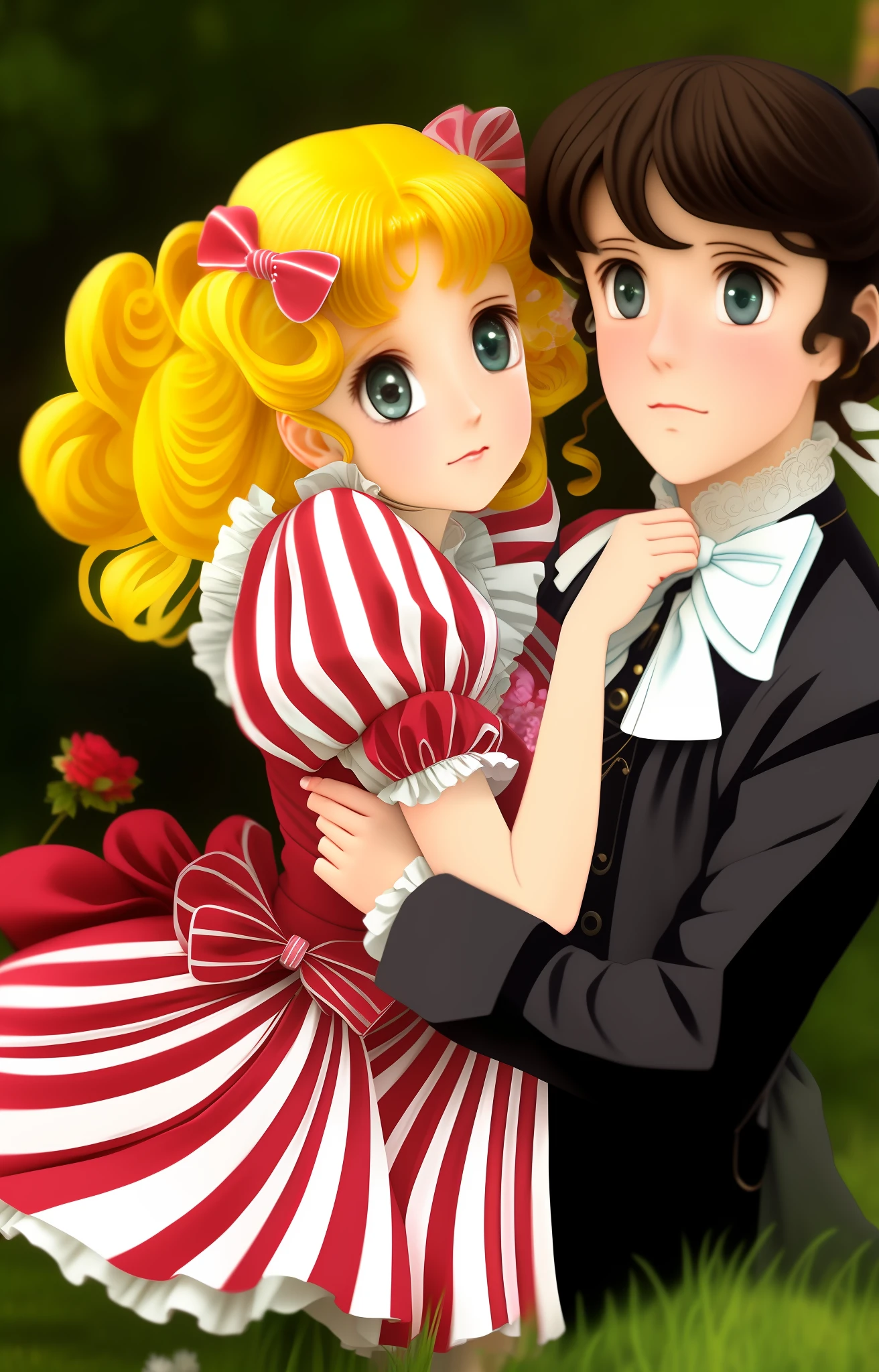 Candy, Candy, classic shoujo, gregoire and Candy, vintage shoujo, shoujo romance, both wearing Victorian clothes, shoujo manga, Japanese shoujo manga, , 80s anime ova style, shojo manga, a retro anime image. 3d art, realistic photo.
