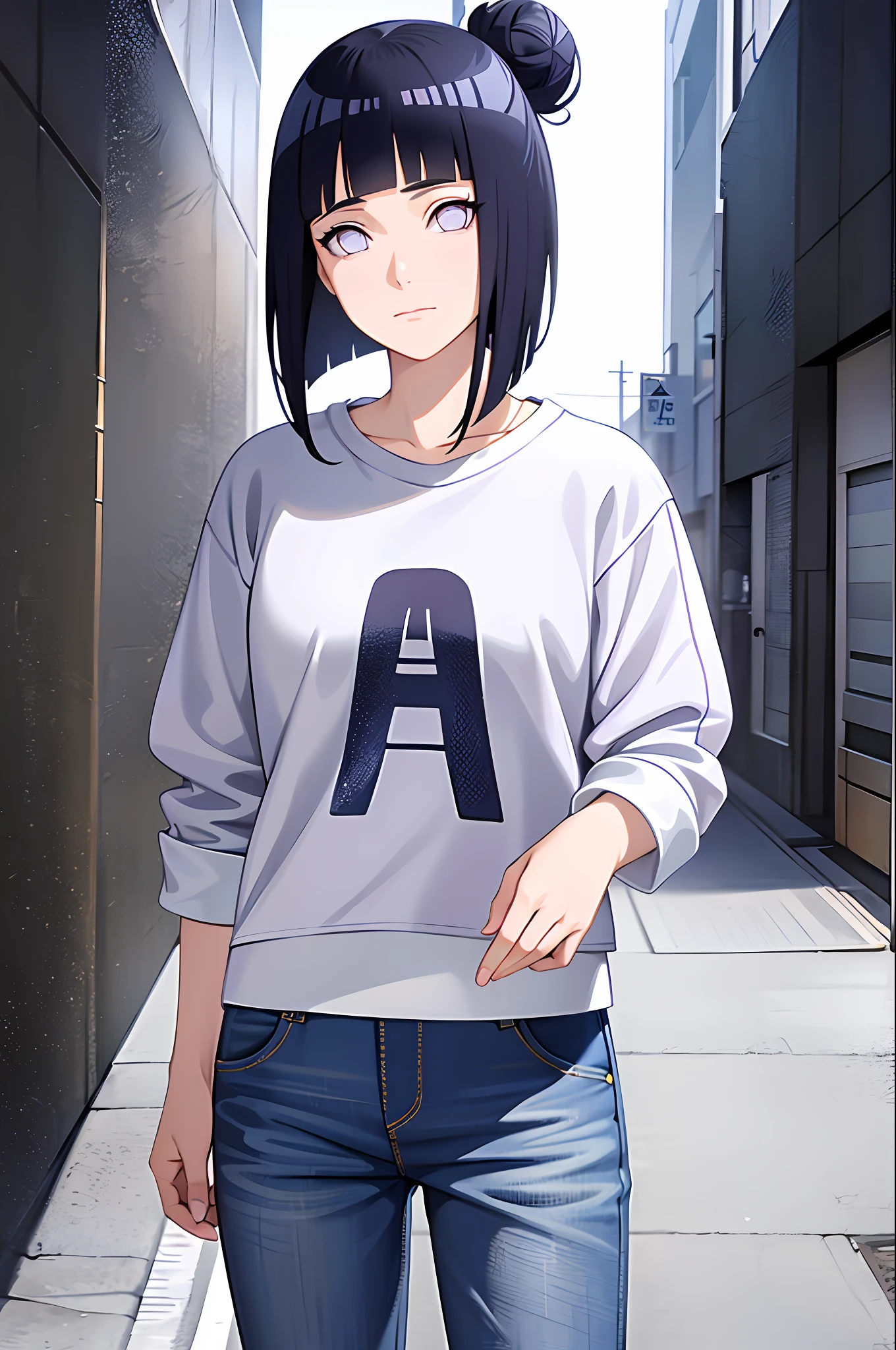 masterpiece, best quality, ((pure white background)), standing, (dark blue hair bun) ,cold face, full body, Denim jacket, white T-shirt, casual pants, (Fashionable clothing), happy, light effect, soft, super clear, high-definition picture, (front), purple eyes, blunt bangs, hinata/(boruto/)