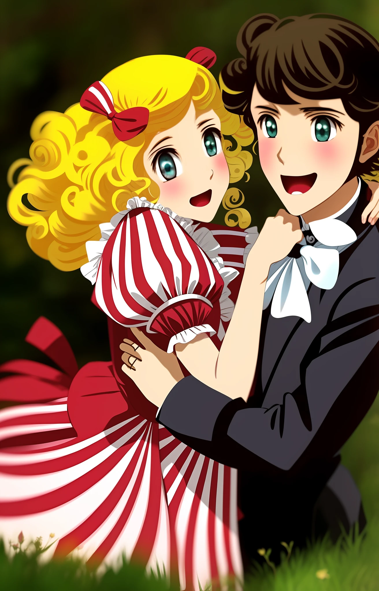 Candy, Candy, classic shoujo, gregoire and Candy, vintage shoujo, shoujo romance, both wearing Victorian clothes, shoujo manga, Japanese shoujo manga, loli, 80s anime ova style, shojo manga, a retro anime image. 3d art, realistic photo.