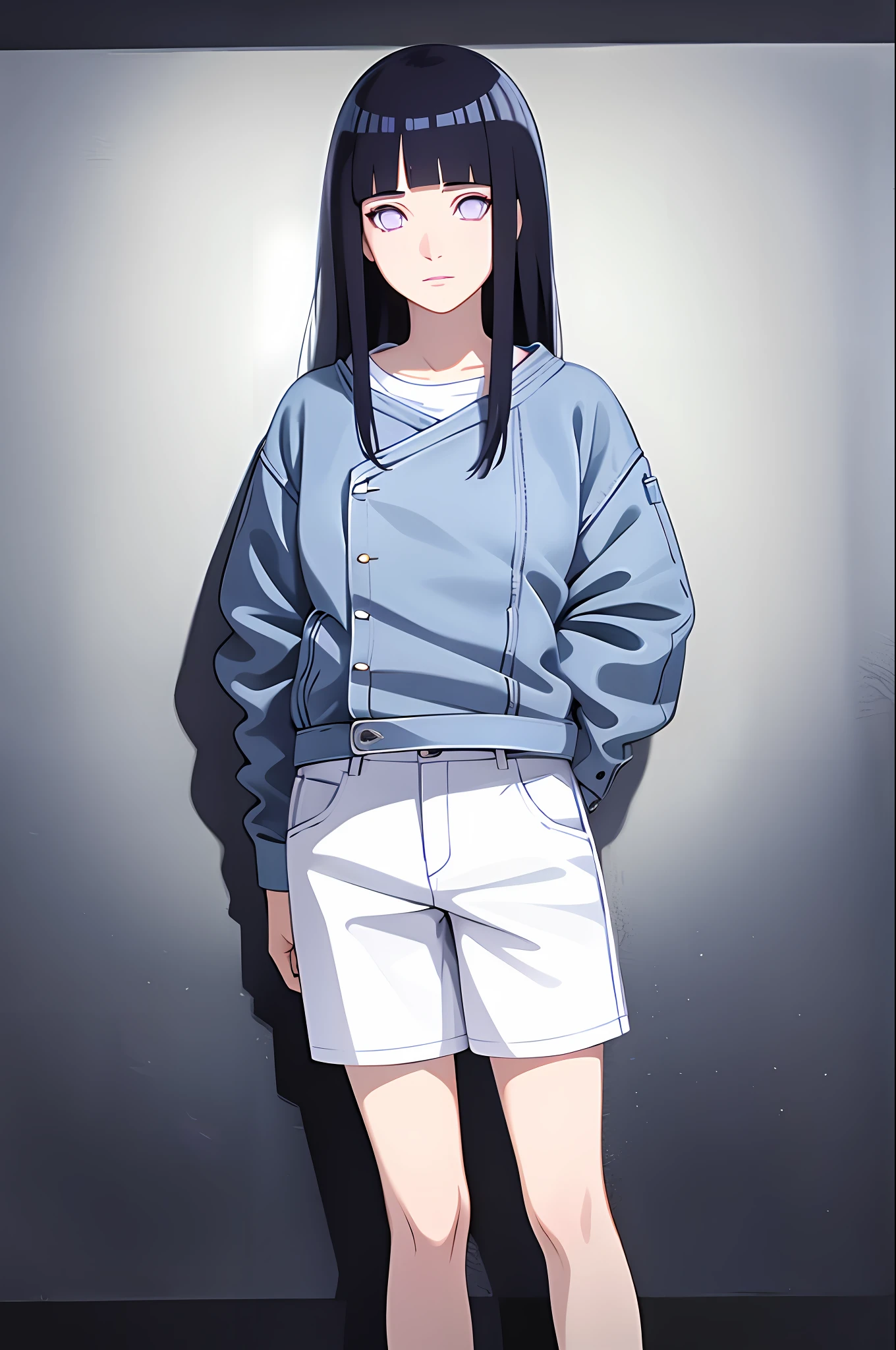 masterpiece, best quality, ((pure white background)), standing, (dark blue hair) ,cold face, full body, Denim jacket, white T-shirt, casual pants, (Fashionable clothing), happy, light effect, soft, super clear, high-definition picture, (front), purple eyes, blunt bangs, hinata/(boruto/), long hair