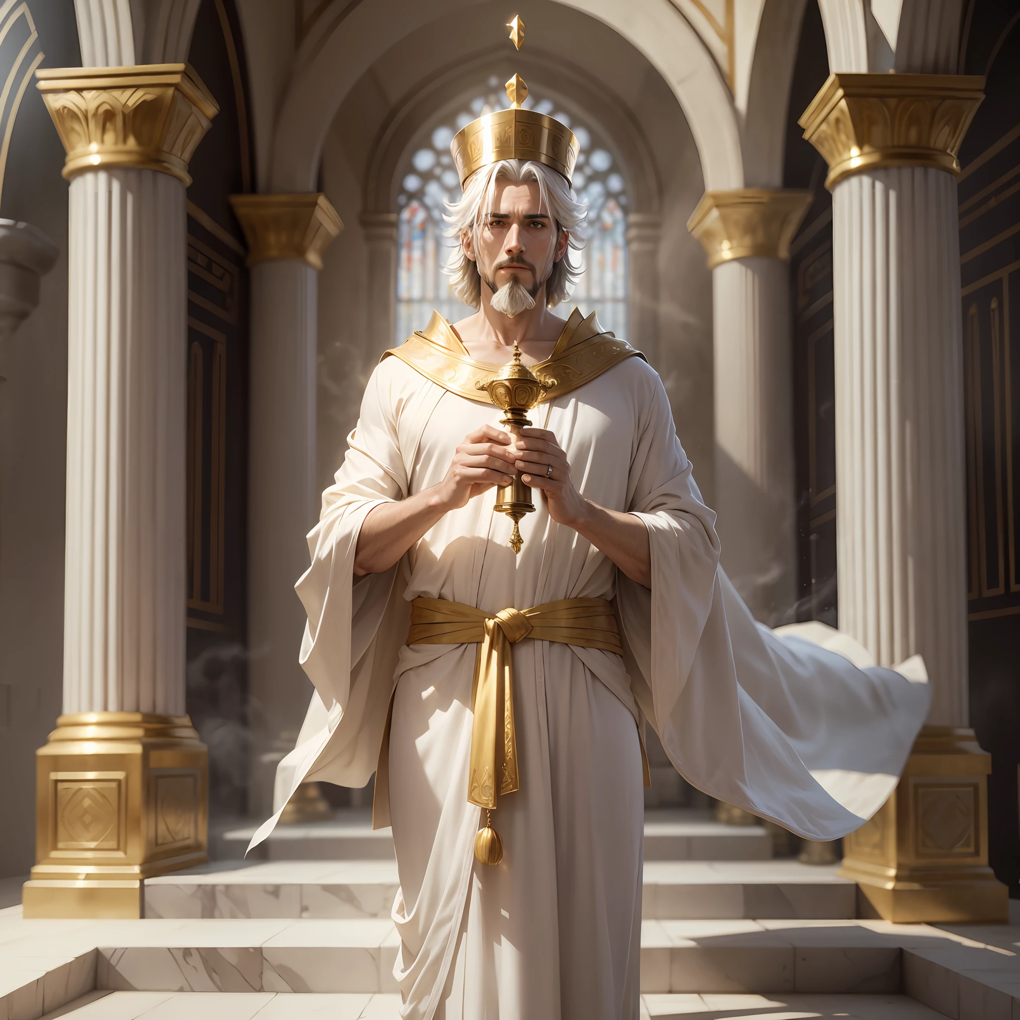 Man goatee hair short, tall, robes white tunic, image 4k realistic censer in Hand, front ark of the covenant of the Hebrews room walls gold color, mitre on his head --auto --s2