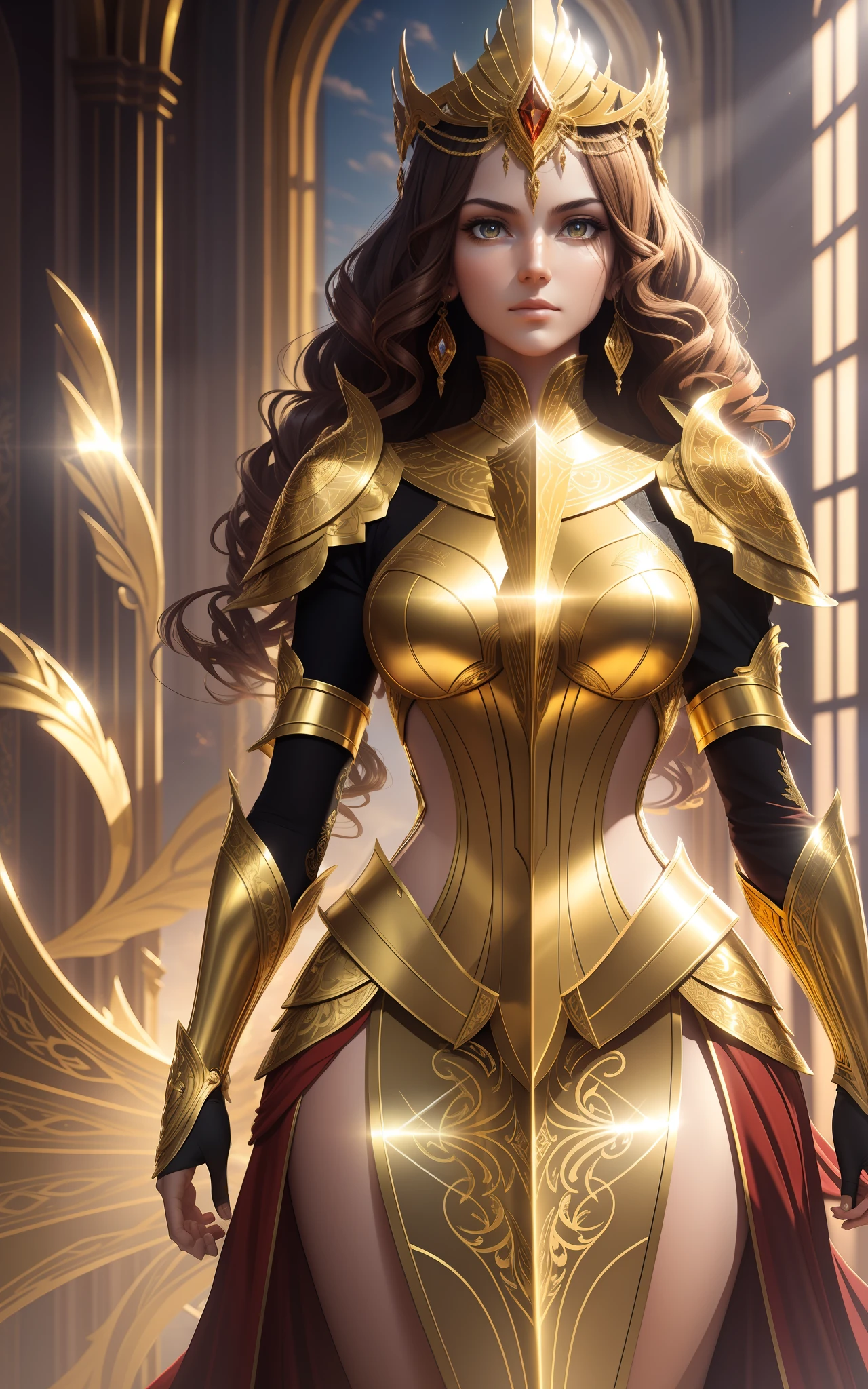 award winning concept art of tall (1girl:1.2) in gold and red shiny ornate armor standing tall, epic, god rays, centered, (masterpiece:1.2), (best quality:1.2), Amazing, highly detailed, beautiful, finely detailed, warm soft color grading, Depth of field, extremely detailed 8k, fine art, stunning, iridescent, shiny, (light reflections:1.2), (crisp:1.5), curls, wind, vibrant, sunlit, edge detection