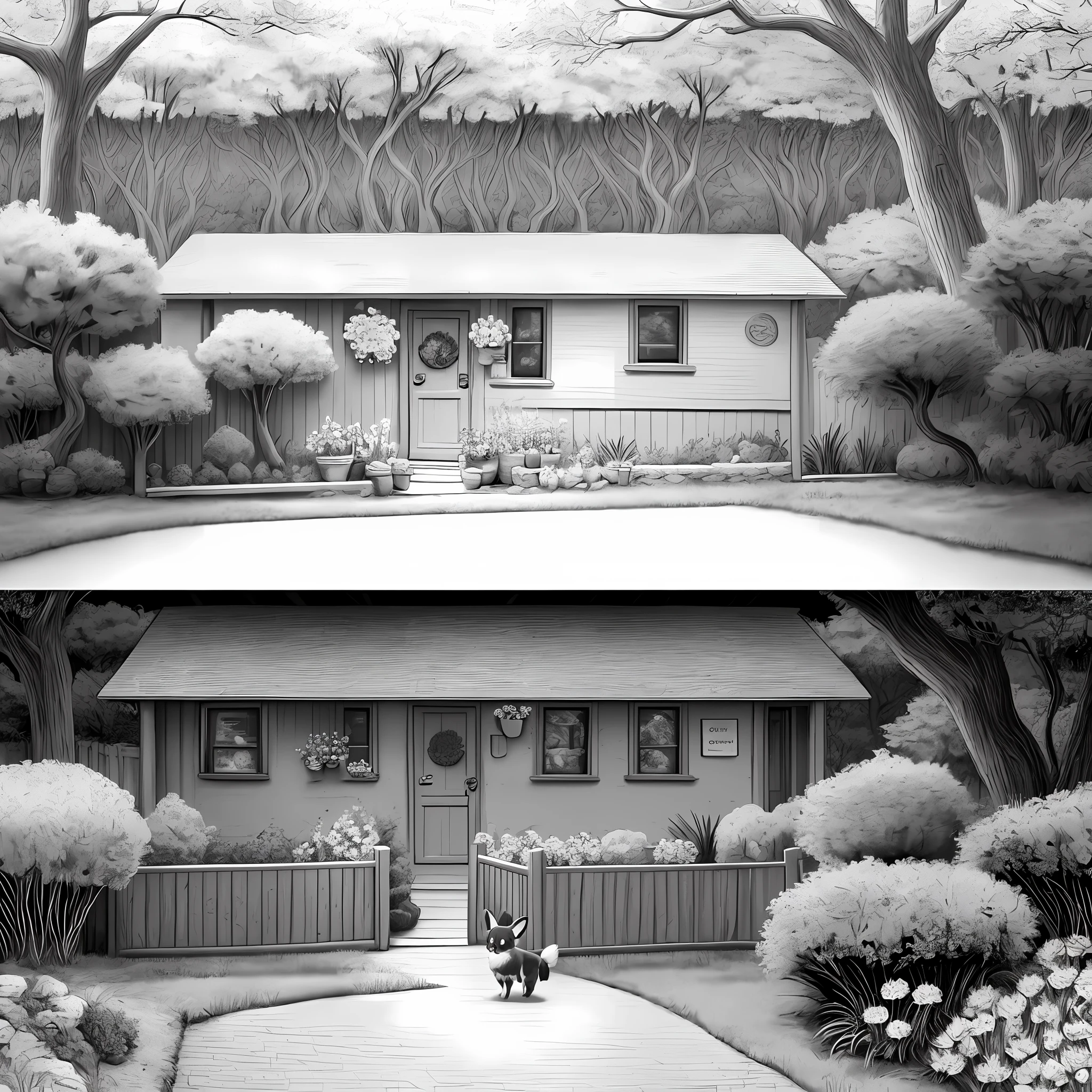 Coloring page black and white cute fluffy chihuahua dog, in rabbit hole village with trees and flowers